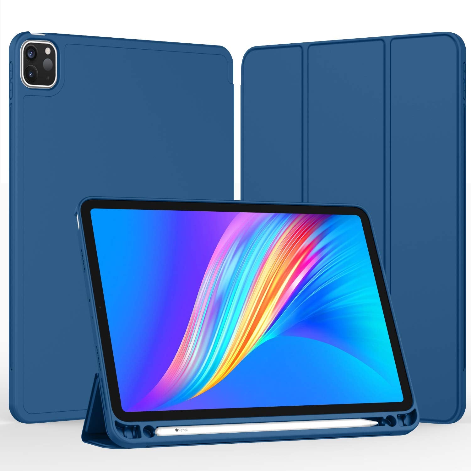Imieet New Ipad Pro 11 Inch Case 2022(4Th Gen)/ 2021(3Rd Gen) With Pencil Holder [Support Ipad 2Nd Pencil Charging/Pair],Trifold Stand Smart Case With Soft Tpu Back,Auto Wake/Sleep(Navy Blue)