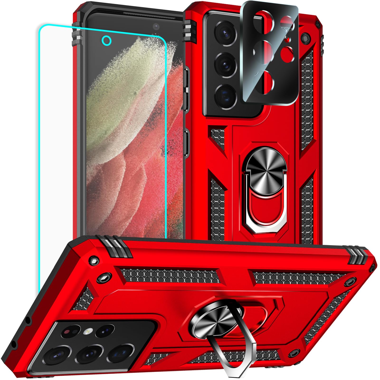 Yiakeng for Samsung Galaxy S21 Ultra Case with Screen Protector and Camera Lens Protector :[Military Grade Drop Tested] Ring Hol