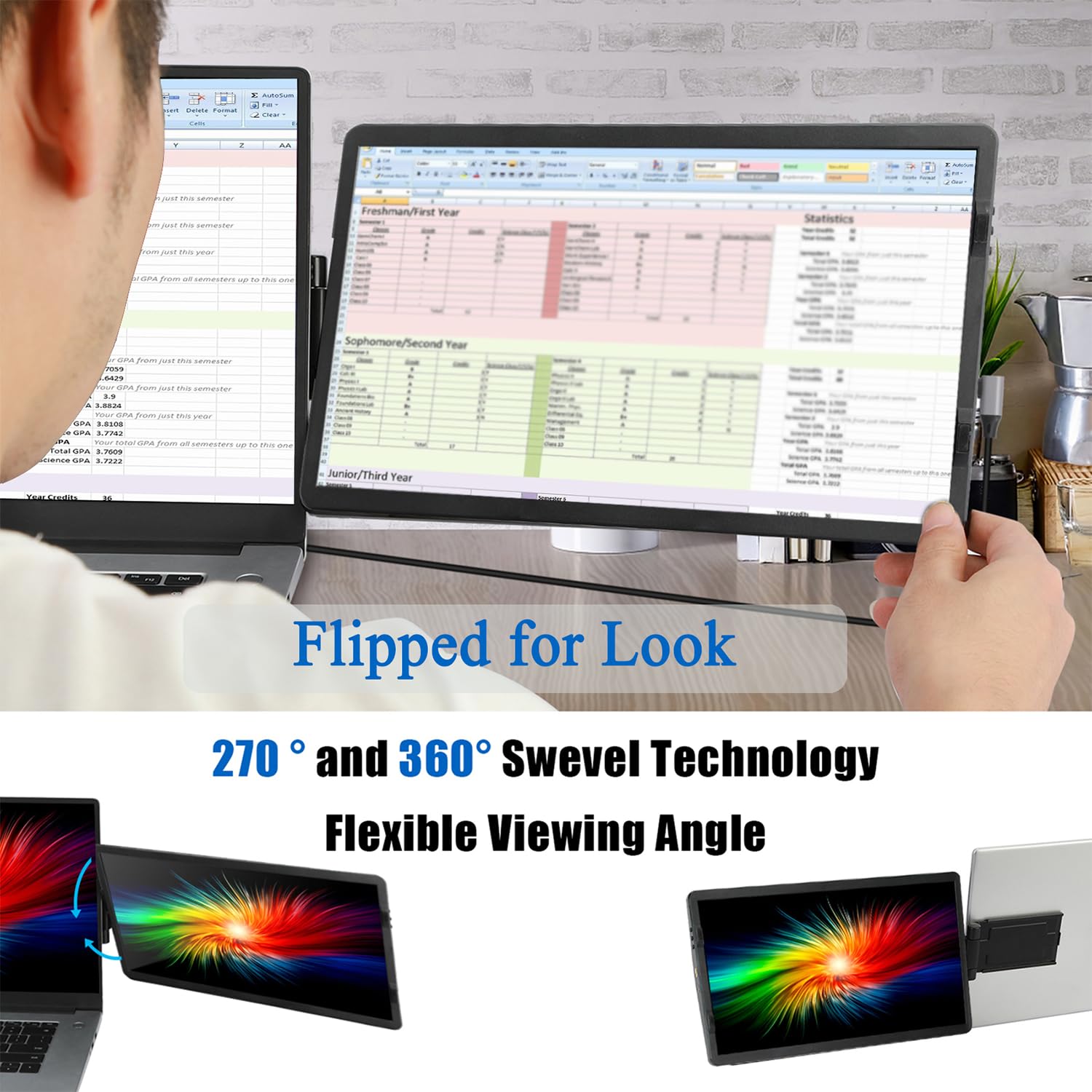 Laptop Screen Extender, 14.1'' Fhd 1080P Ips Laptop Monitor Extender Dual Screen, Swivel Attachable Portable Monitor For Laptop