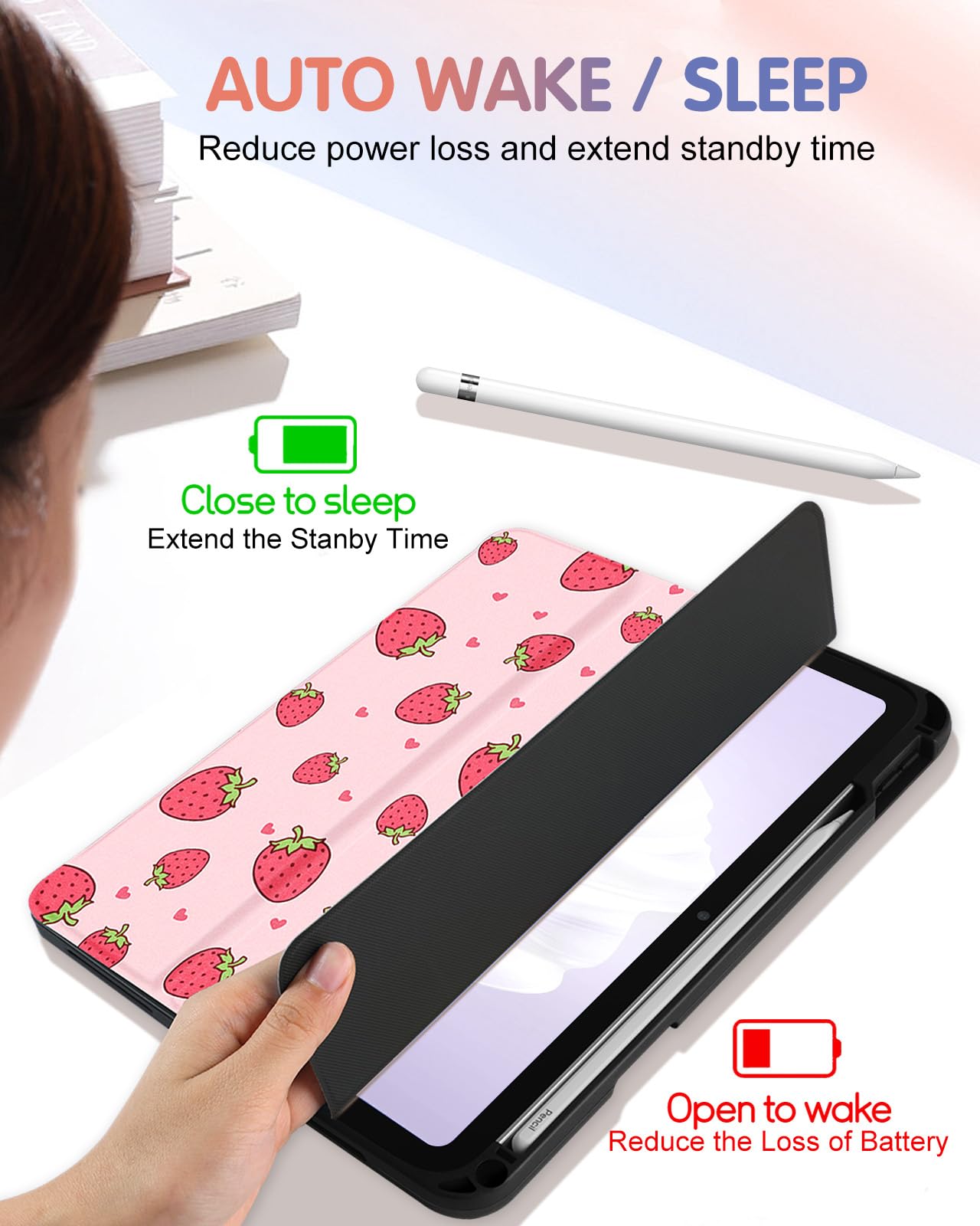 Wazzasoft For Apple Ipad 10Th Generation Case 10.9 Inch Cute Women Girls Kids Folio Cover Girly Kawaii Strawberry Design Pencil