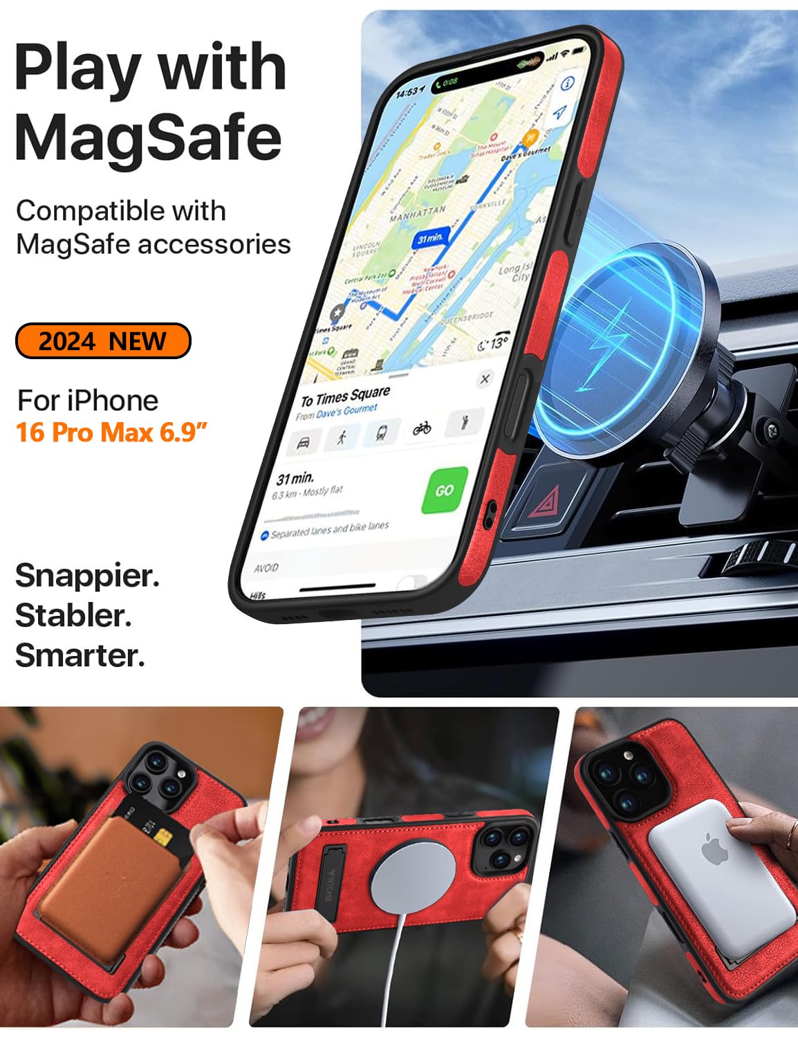 Wtcase Magnetic For Iphone 16 Pro Max Leather Case,Built In Invisible Stand [Compatible With Magsafe] Protective Slim Kickstand