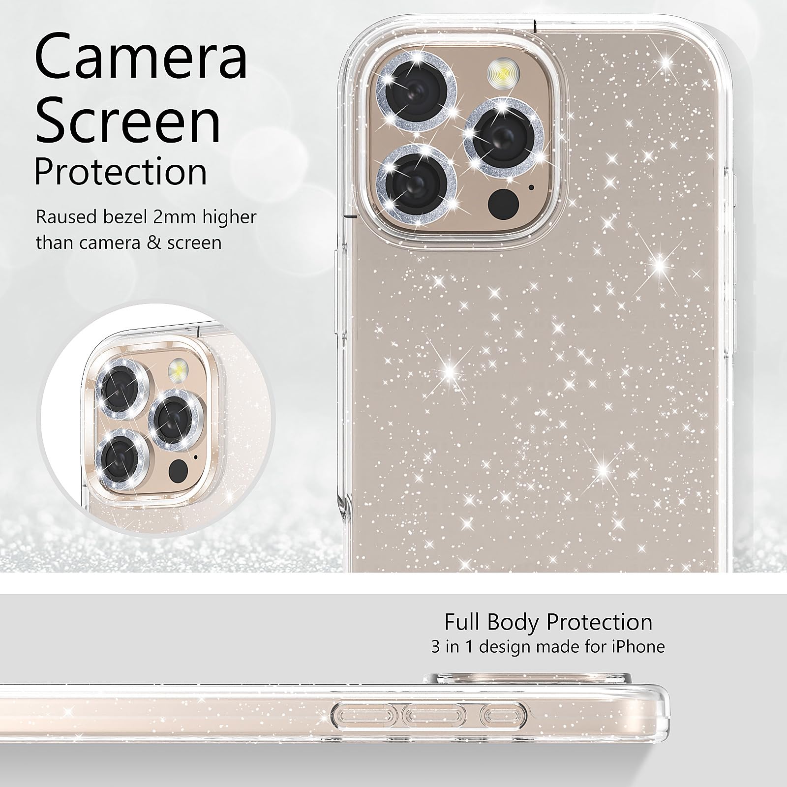 Jasmeas For Iphone 16 Pro Max Case Clear Glitter, With [2 Pack] Screen Protector & [3 Pack] Camera Lens Protector Sparkle Pc Har
