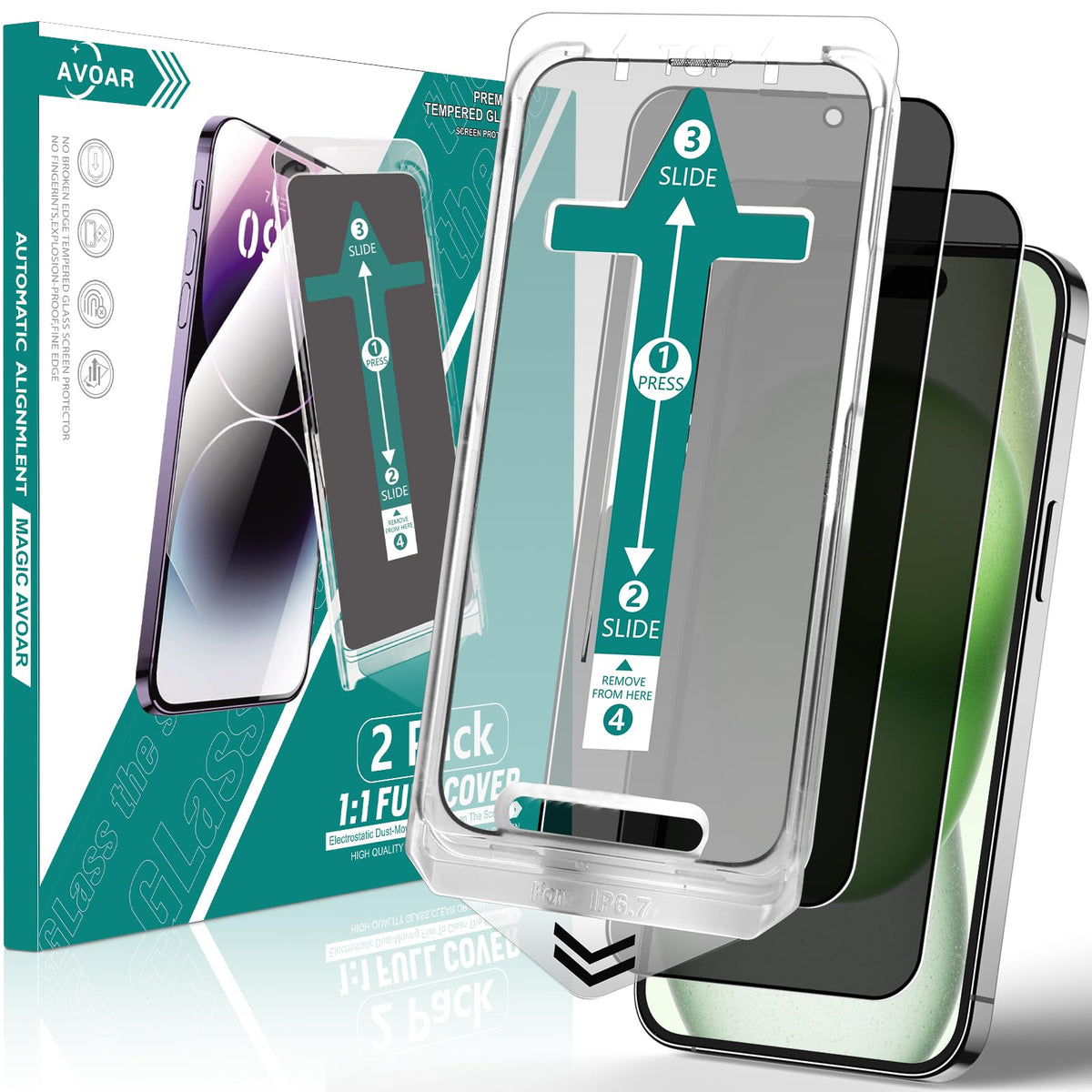 Avoar 2 Pack Privacy Screen Protector For Iphone 15, [Auto Alignment Kit] 6.1 Inch Tempered Full Screen Glass, Auto Dust Elimina