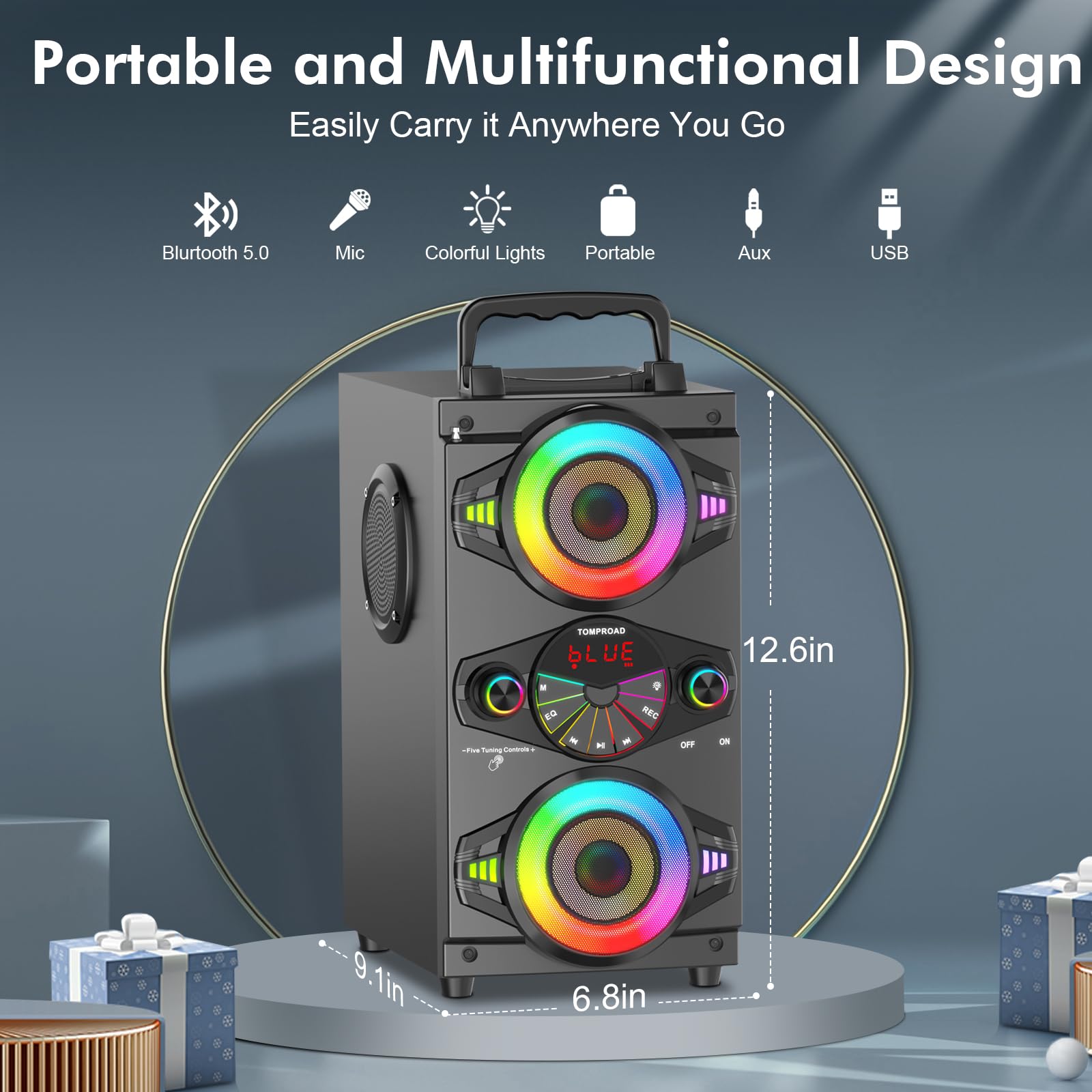 Bluetooth Speakers, 60W Portable Wireless Loud Outdoor Home Party Bluetooth Speaker With Subwoofer, Fm Radio, Led Colorful Light