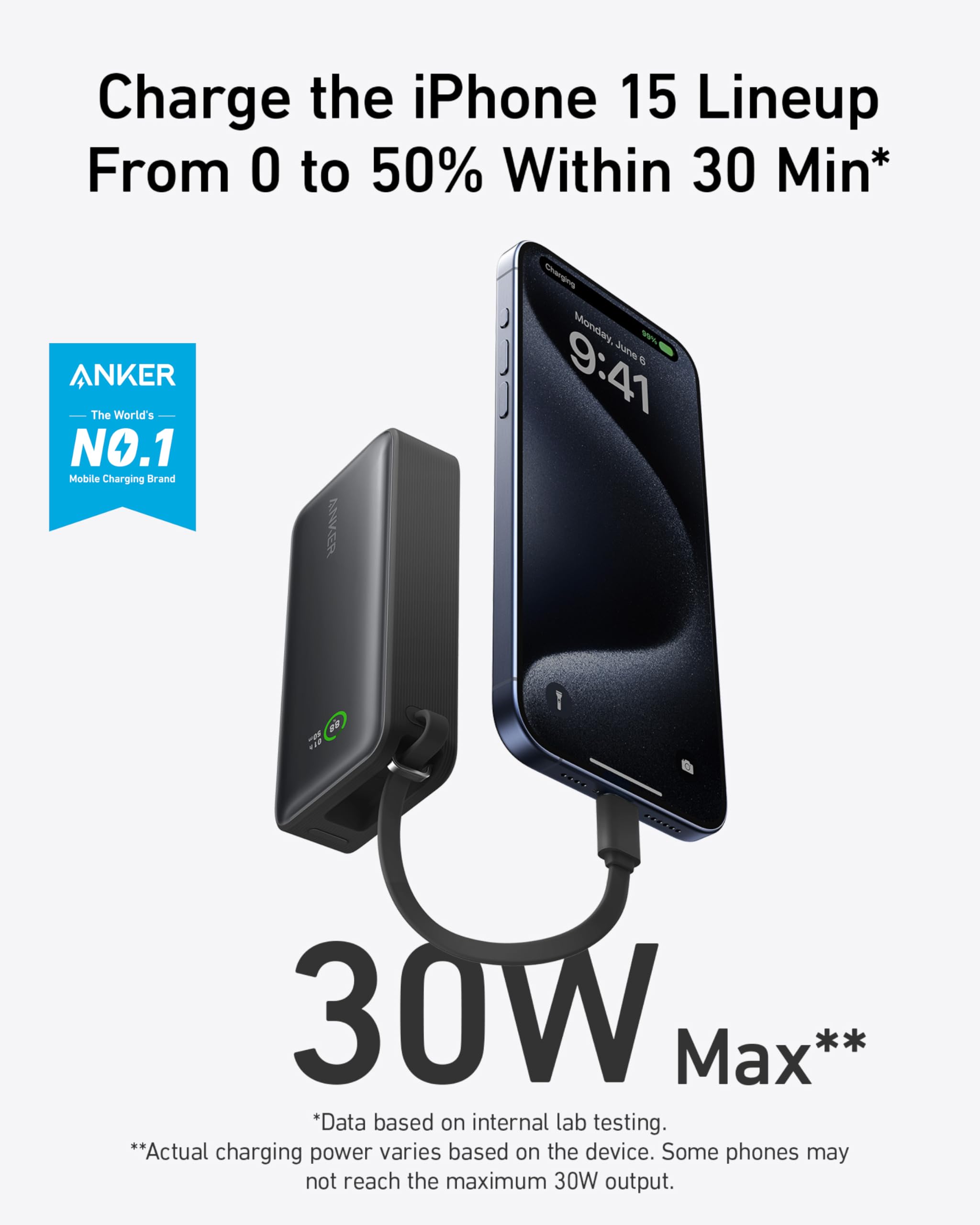 Anker Nano Power Bank, 10,000Mah Portable Charger With Built-In Usb-C Cable, 30W Recharging, 30W Max Output With Usb-C&A, For Ip
