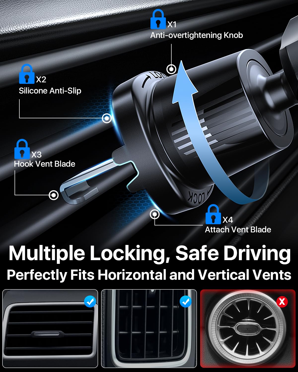 Car Phone Holder [2024 Upgraded Metal Hook Clip], Phone Holders For Your Car [No Fear Of Bumps] Car Vent Phone Mount Widely Compatible With Iphone 15 14 13 Samsung Android And All Smartphones, Black