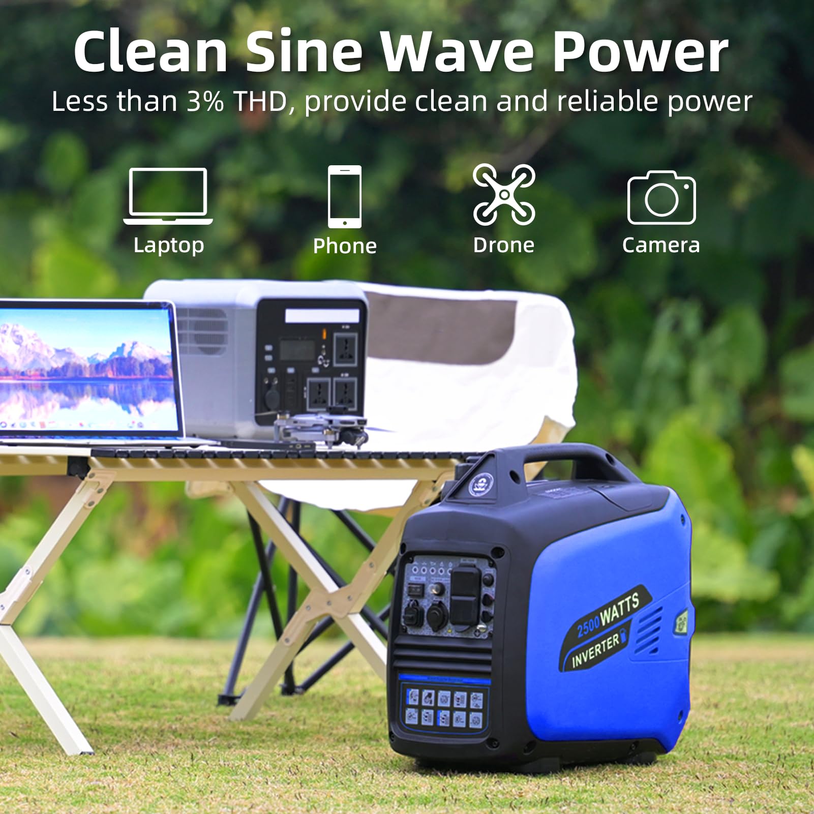 Portable Inverter Generator 2500W Gas Powered, Quiet Generators For Home Use, Camping, Emergency Home Backup, Parallel Ready, Wi