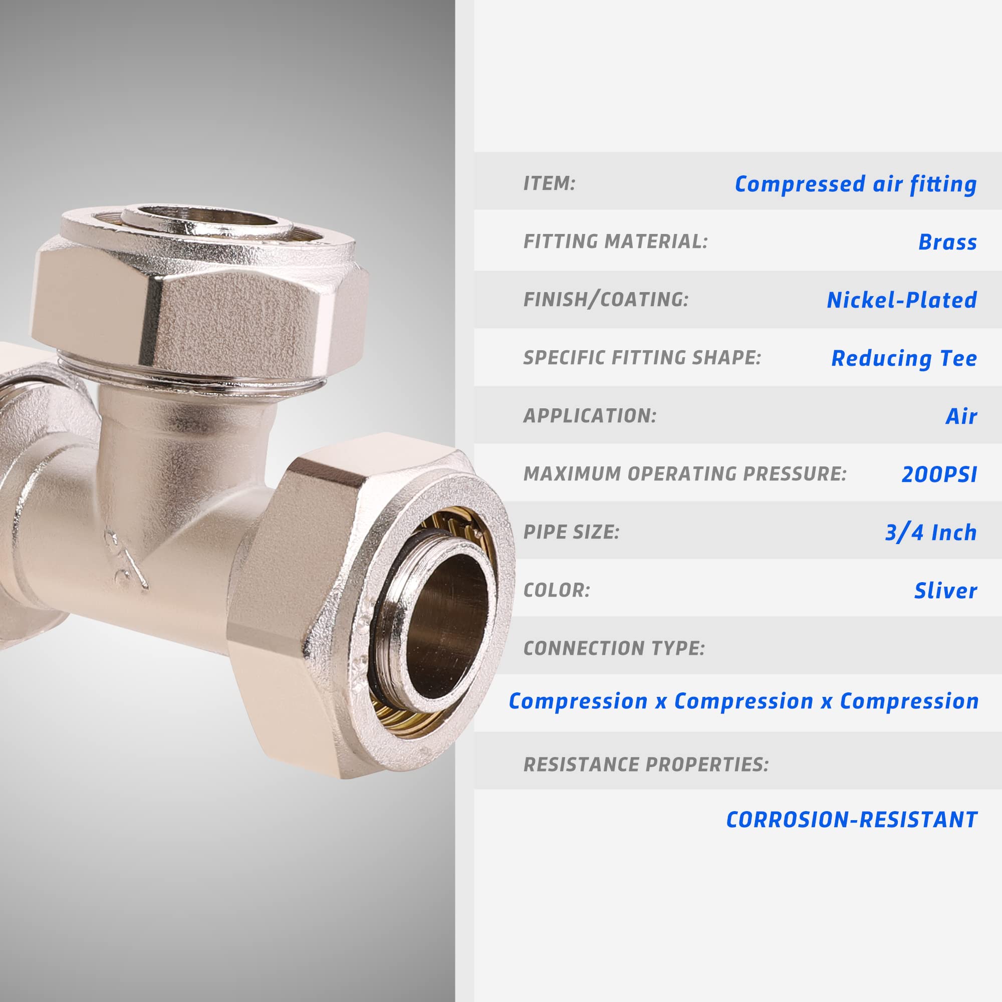 Ancimoon 2Pcs 3/4 Tee Air Piping Fittings, 3/4 Tubing X 3/4 Tubing X 3/4 Tubing, Brass Nickel Plated, 200Psi Working Pressure, A