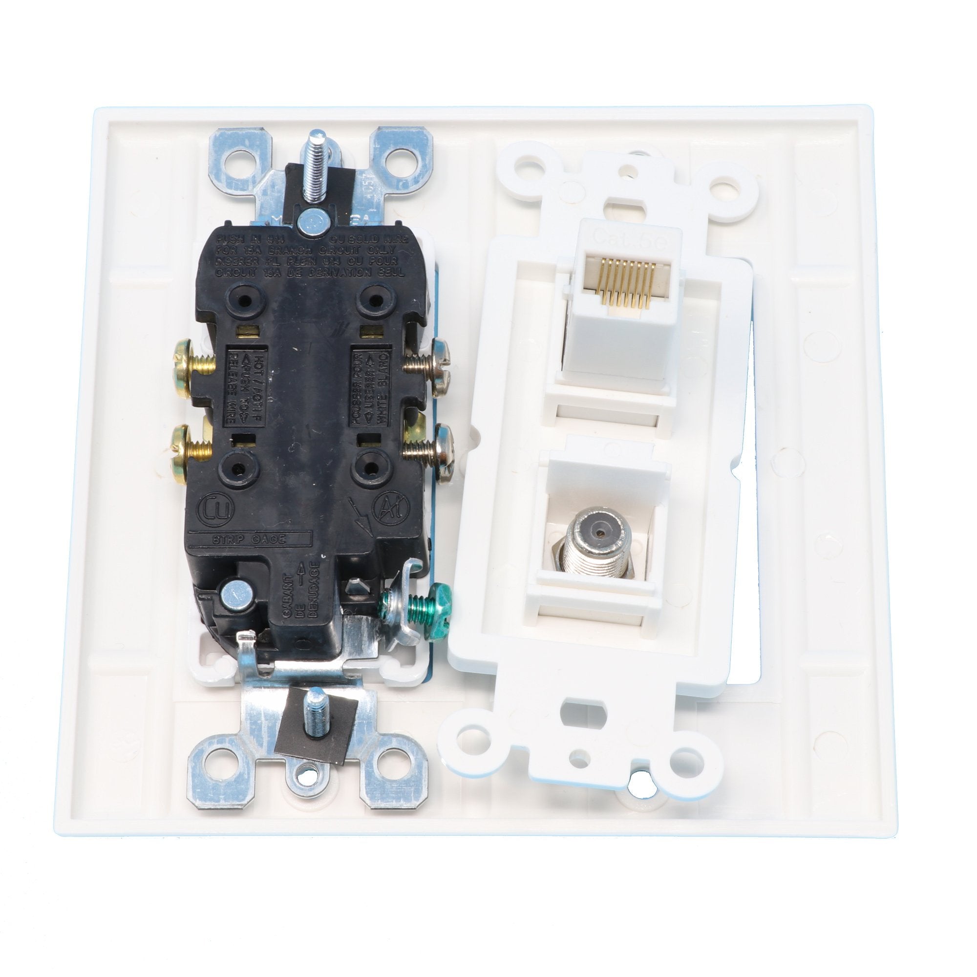 Riteav   2 X 15 Amp 125V Power Outlets 1 Cat5E Ethernet And 1 Coax Wall Plate