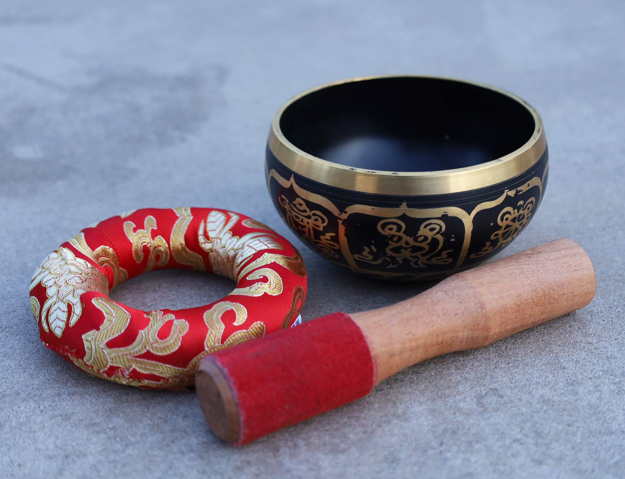 Dharmaobjects ~ Tibetan 8 Lucky Symbols Singing Bowl Set ~ With Mallet, Brocade Cushion & Carry Bag ~ For Meditation, Chakra Hea