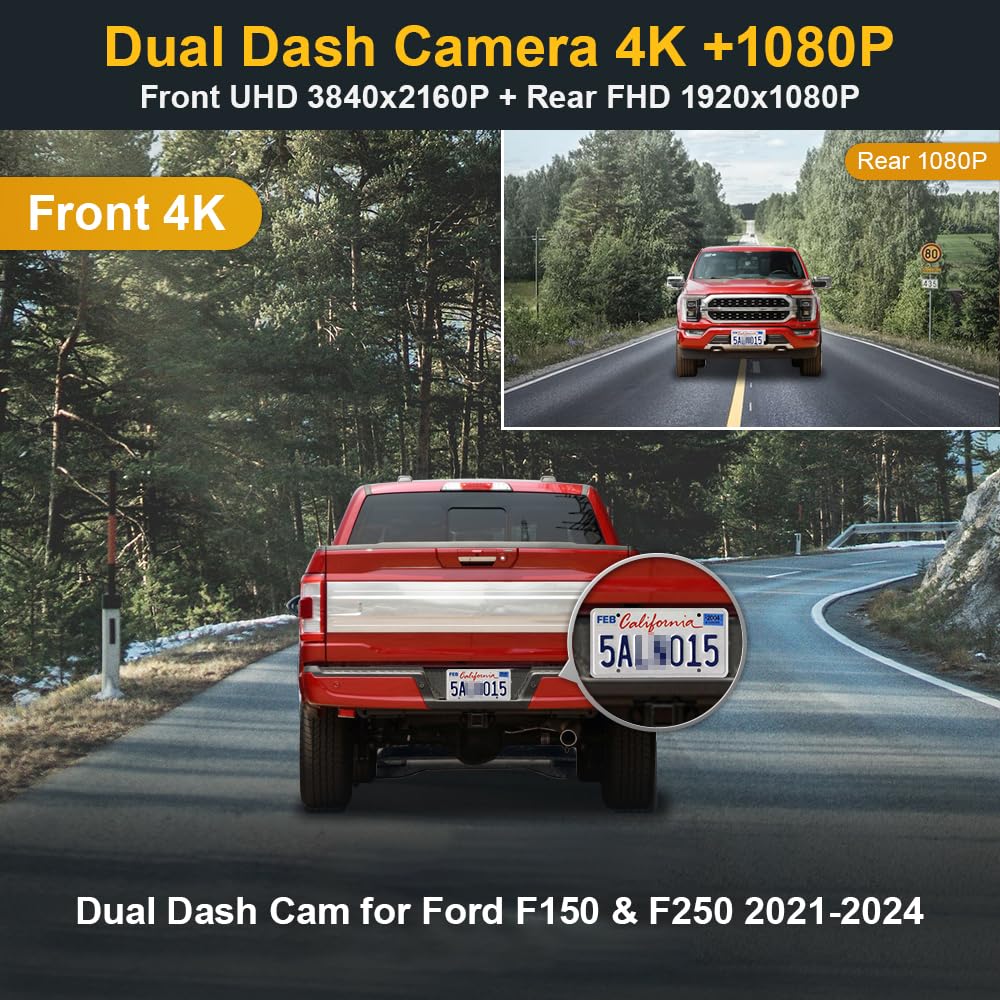 Fitcamx Front 4K+Rear 1080P Dash Cam Adapts For Ford F150 F250 2021 2024 Limited Xlt Xl Raptor Lariat Platinum King Ranch Tremor