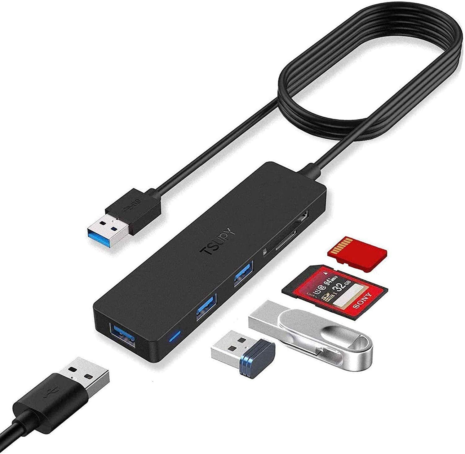 Usb Hub 3.0 Splitter, Tsupy Usb 3.0 Hub Multi Usb Adapter Port Expander With 4Ft Cable, Sd/Tf Card Reader & 3 Usb 3.0 Ports Compatible For Pc, Laptops, Surface Pro, Macbook, Imac Pro