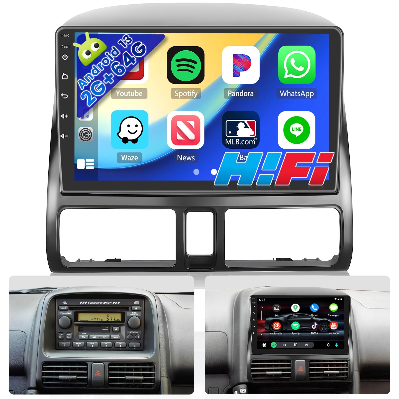 [2G+64G] Wireless Carplay Radio For Honda Crv 2002 2006 With Android Auto, 9 Inch Touch Screen Android Stereo With Gps Navigatio