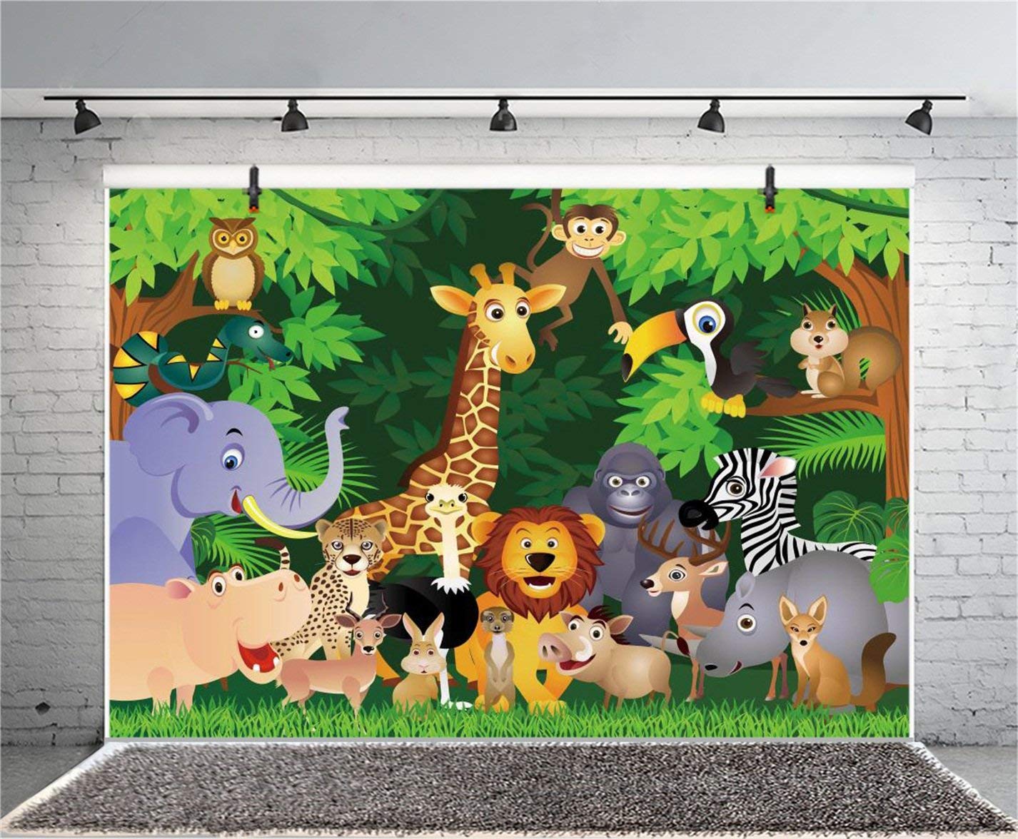 Csfoto 5X3Ft Wild Animals Safari Party Backdrop Forest Cartoon Giraffe Lion Elephant Jungle Theme Backdrop Monkey Birthday Backd
