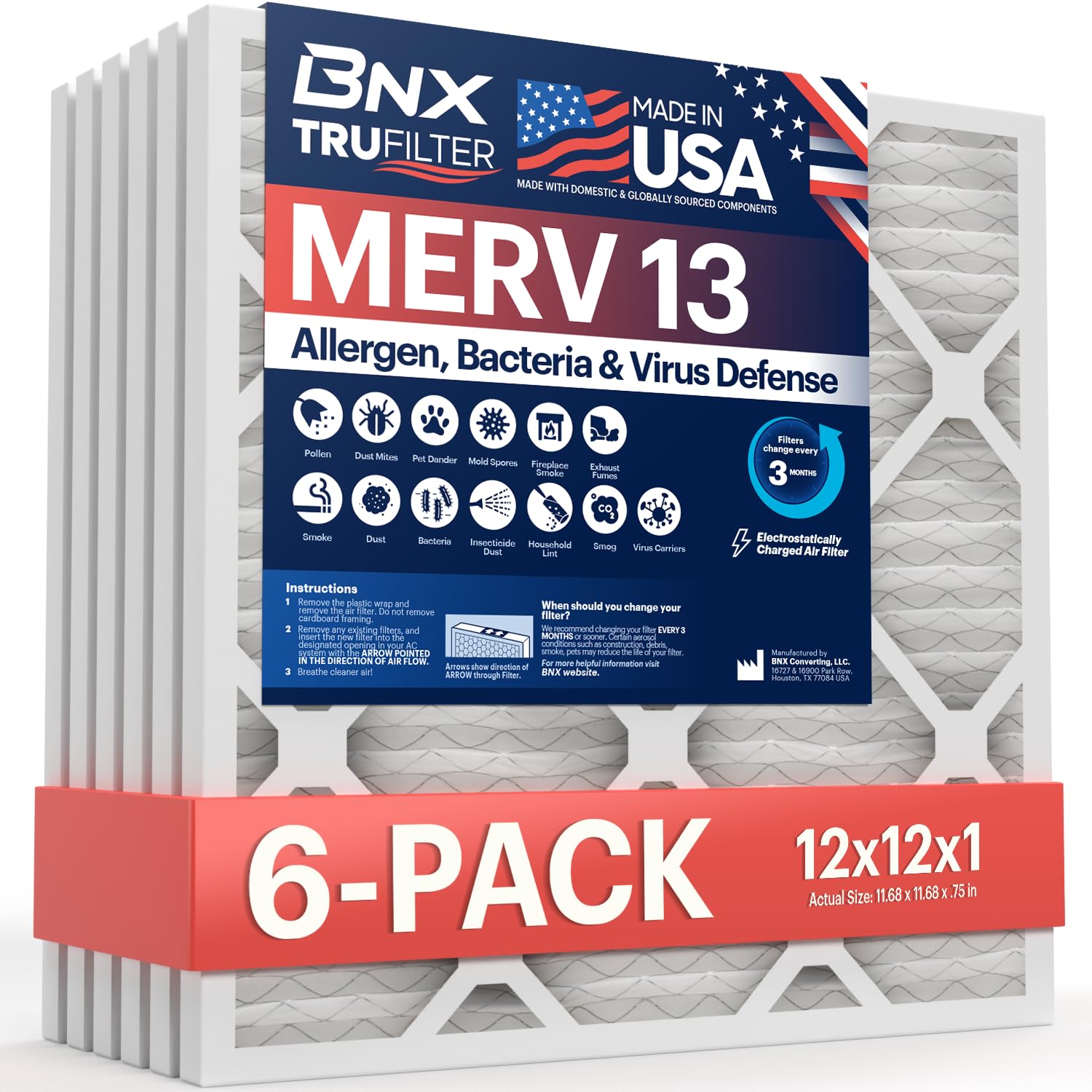 BNX TruFilter 20x20x5 (19.88 x 19.88 x 4.38 Honeywell Compatible 4   ) MERV 13 Air Filter (2-Pack) - MADE IN USA - HVAC AC Furna