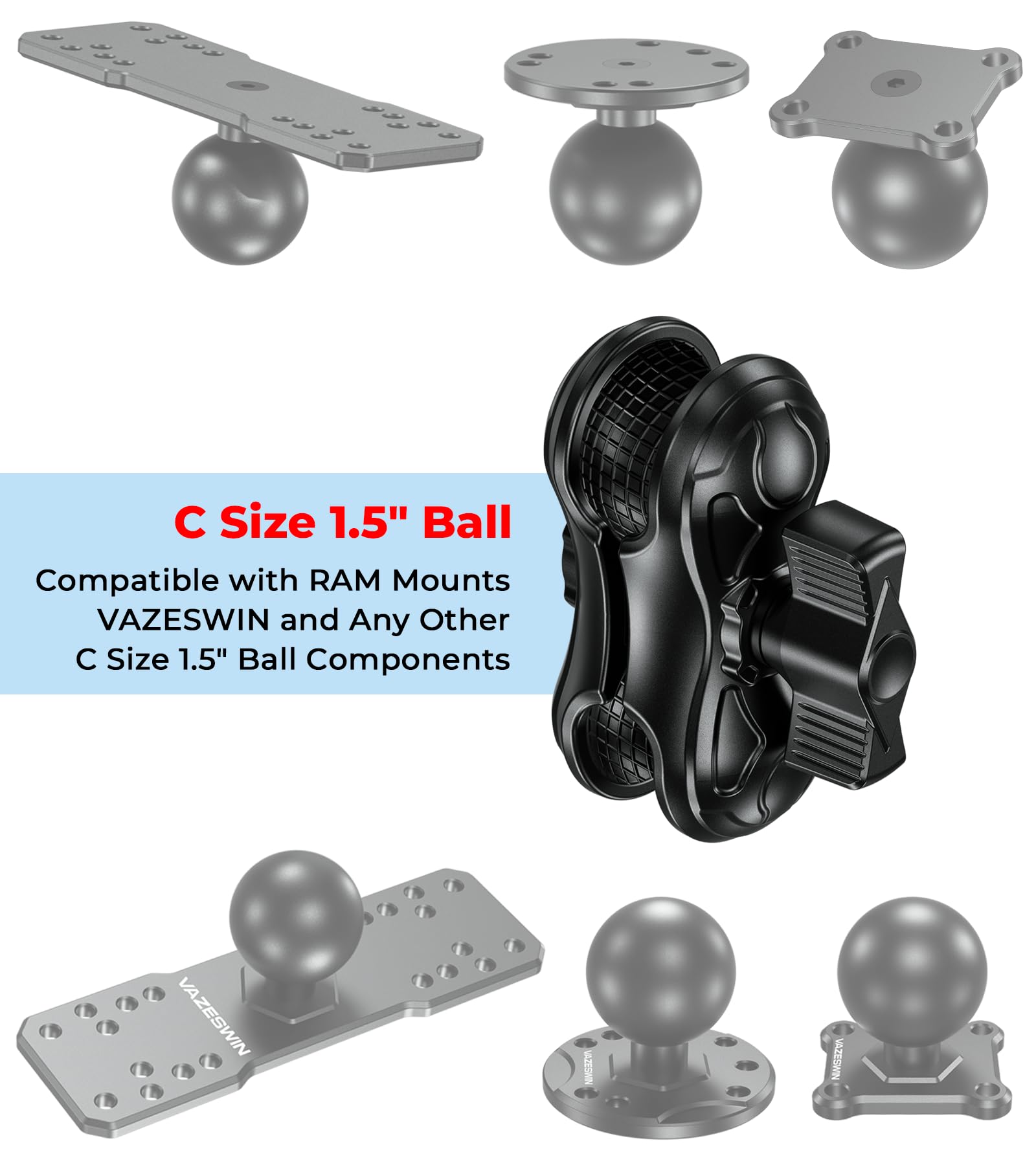 Vazeswin Double Socket Arm 3.5'' Aluminum Alloy Short Arm Compatible With Ram Mount C Size 1.5'' Ball Components