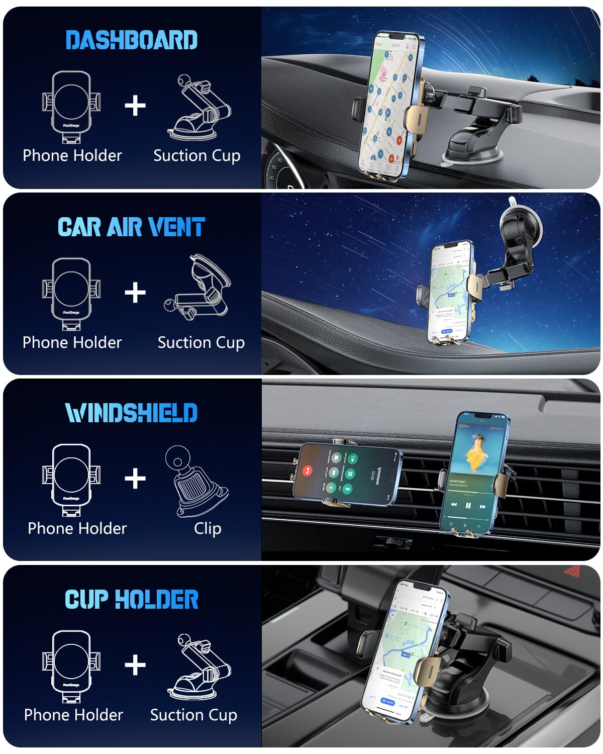 Bothlin Wireless Car Charger, Fast Charging Phone Holder 3 In 1 Phone Mount Auto Clamping Car Accessories Compatible With Iphone