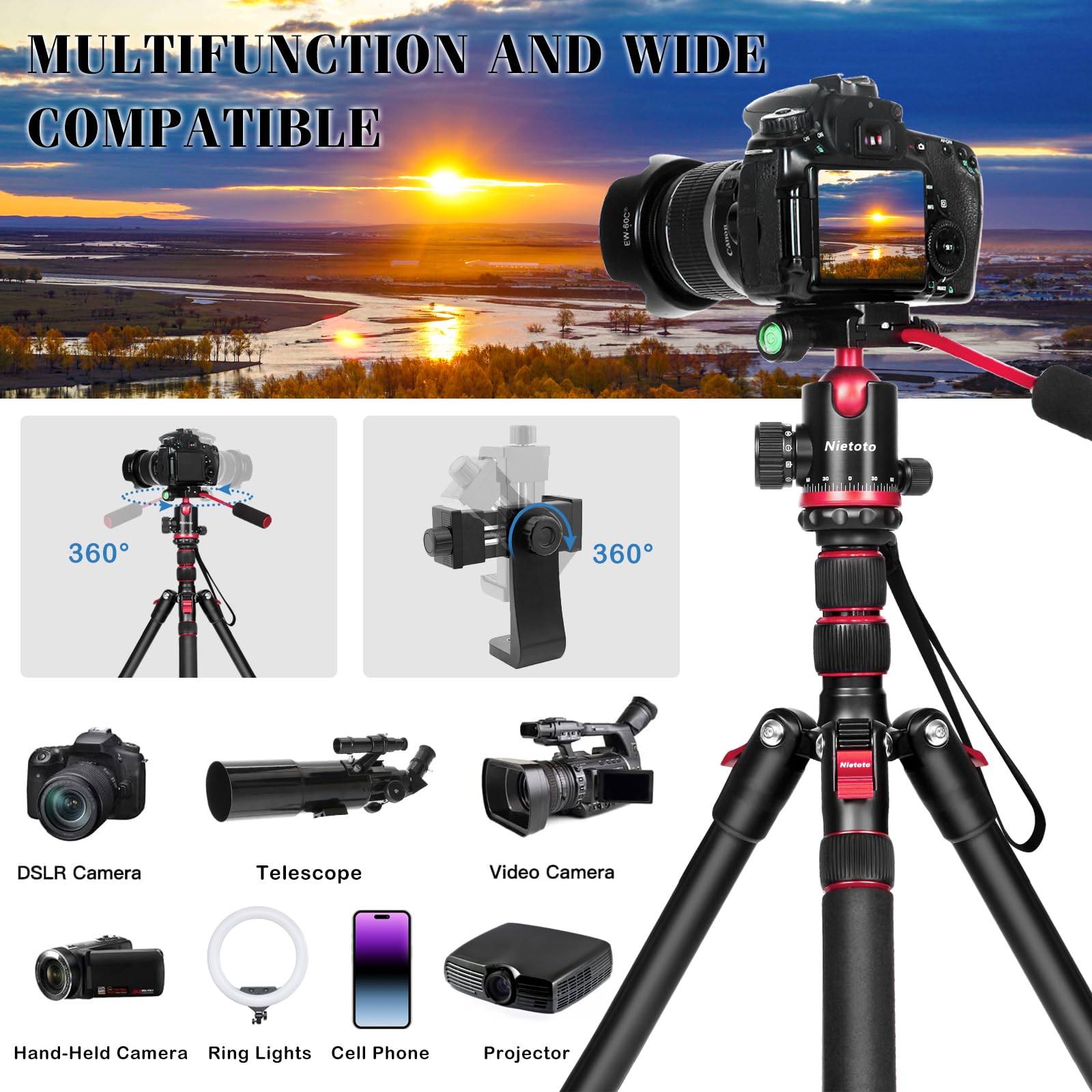 2 In1 Lightweight Video Camera Tripods  68'' Tripod For Camera And Camcorder  360 Ball Head Tripod With Removable Handle  Extra