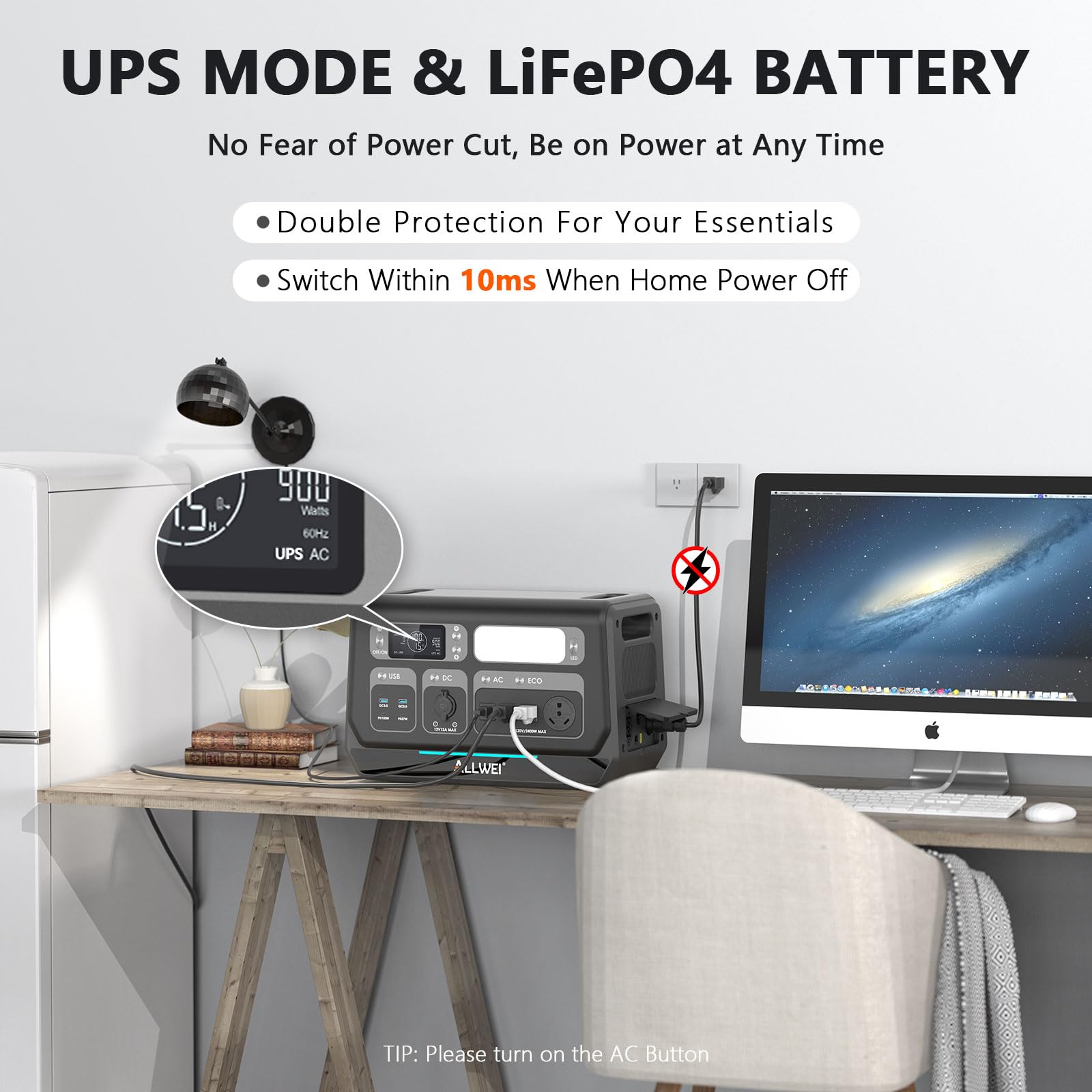 Allwei Lifepo4 Portable Power Station 2400W, 2048Wh Solar Generator With Ups Mode, 1.5Hrs Fast Charge, 4 Ac Outlet(Surge 4800W),