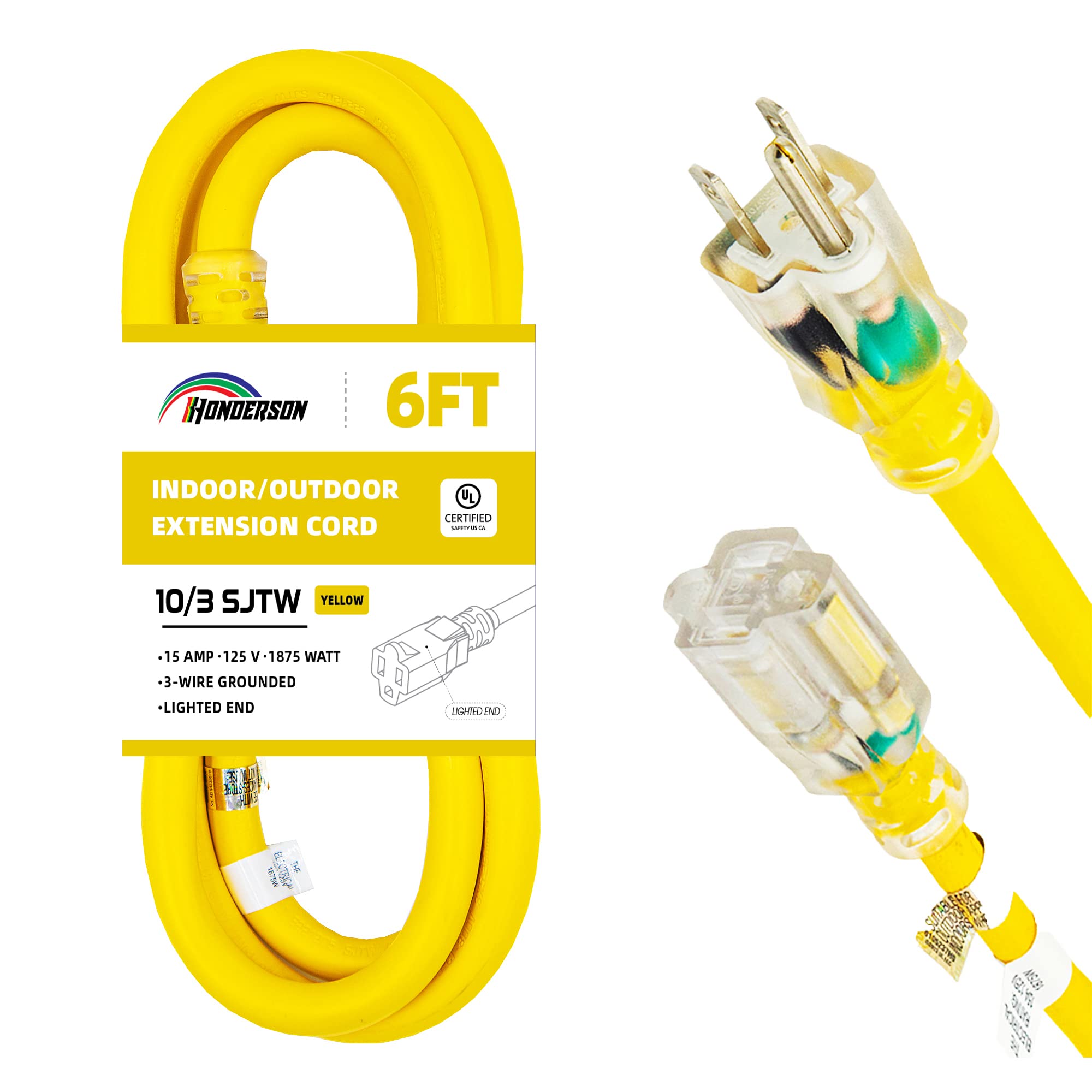 Honderson Indoor Outdoor Extension Cord Weatherproof With Lighted End, Ul Listed, 10 Gauge 6Ft Yellow 3 Prong Heavy Duty Extensi