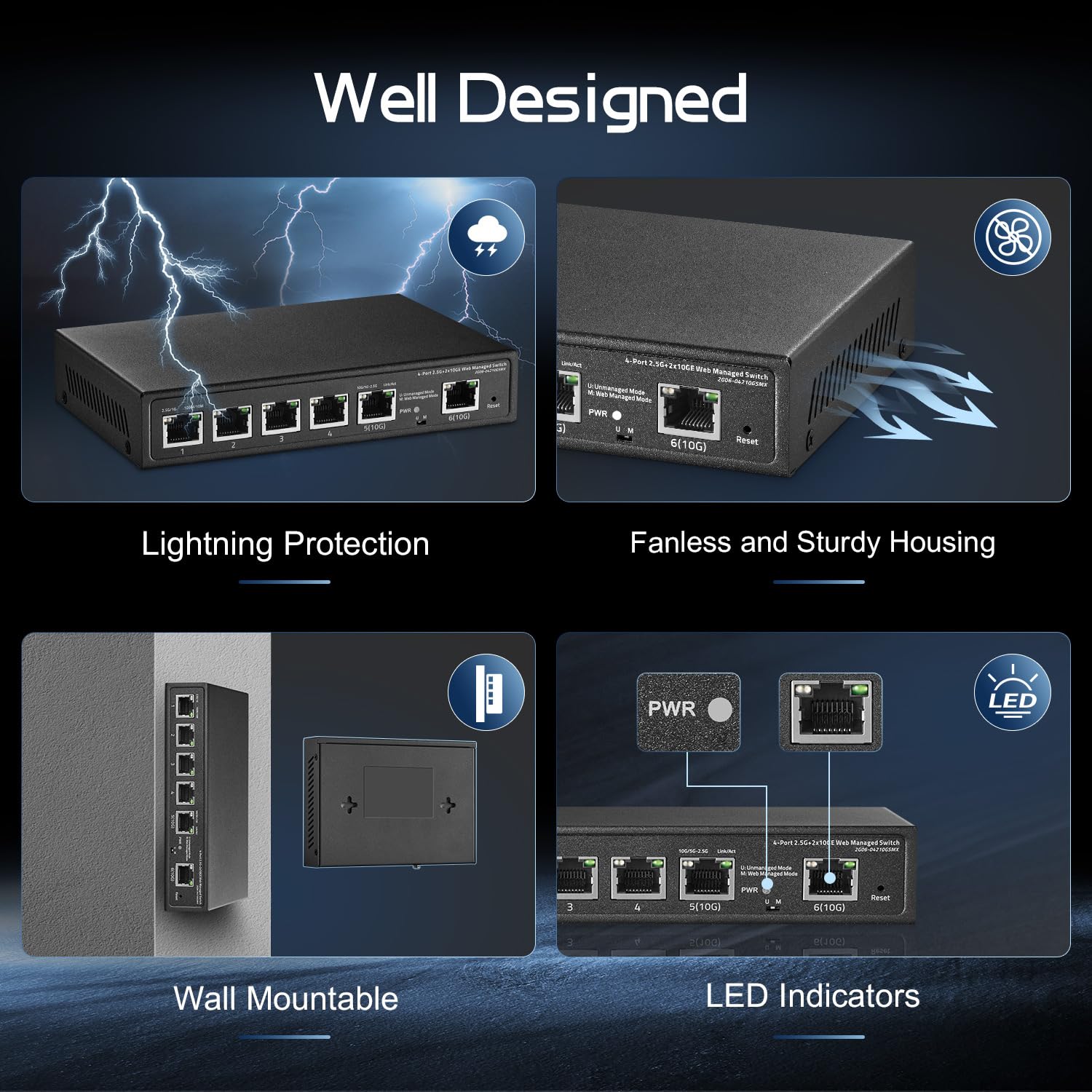 Binardat 6 Port 10G Switch, 4 X 2.5G Rj 45 Base T Ports, 2 X 10G Rj 45 Ports, Web Managed/Unmanaged, Metal Fanless Managed Multi