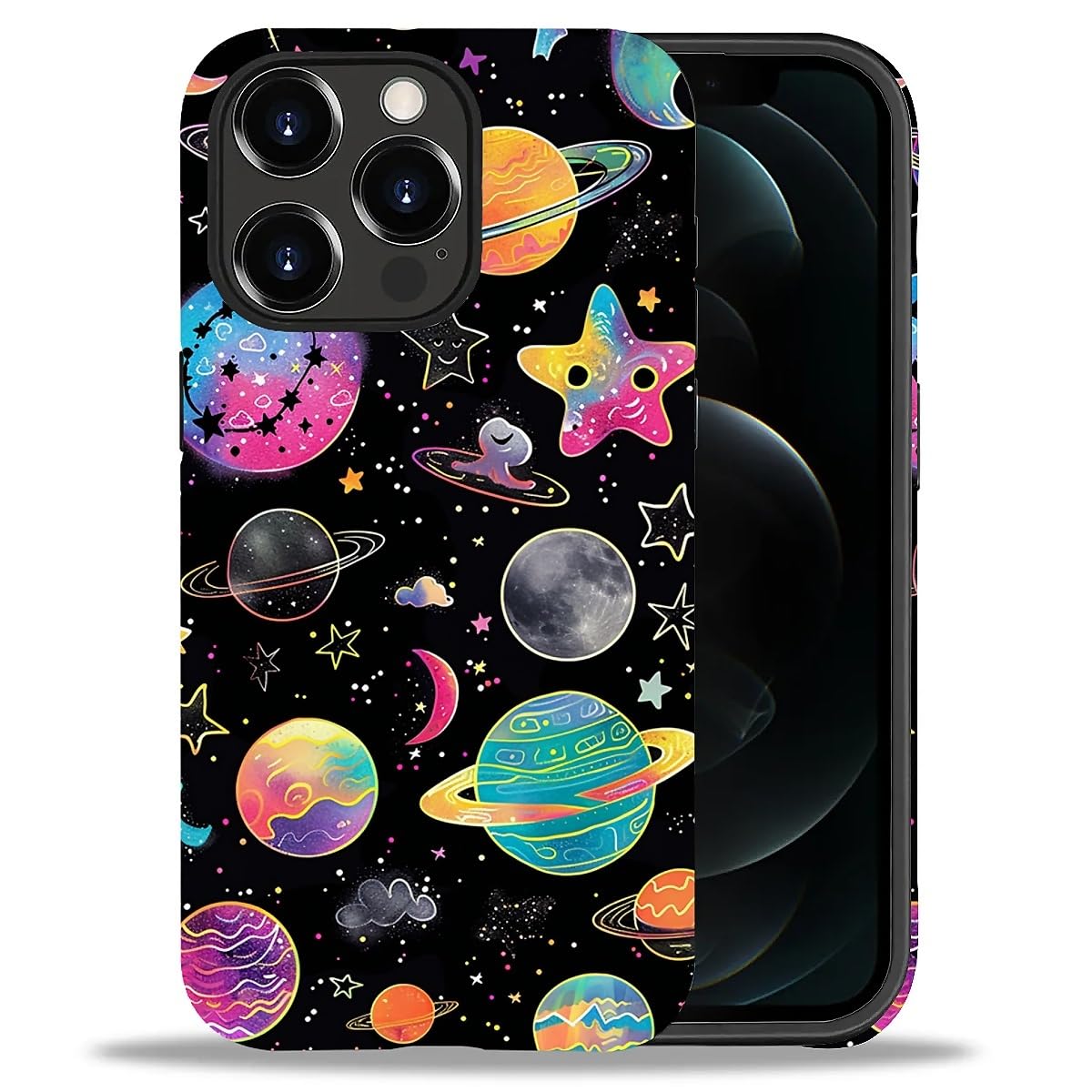 WANKBLC Compatible with iPhone 12 Pro Max Matte Case, Rainbow Planet Stars Space Pattern for Girl Full Body Design Soft Silicone