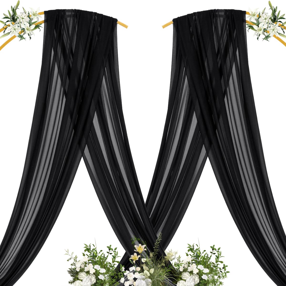 Mlmc Wedding Arch Draping Fabric 2 Panels 29'' X 20Ft Black Chiffon Drapery Sheer Backdrop Curtains For Ceremony Wedding Party C