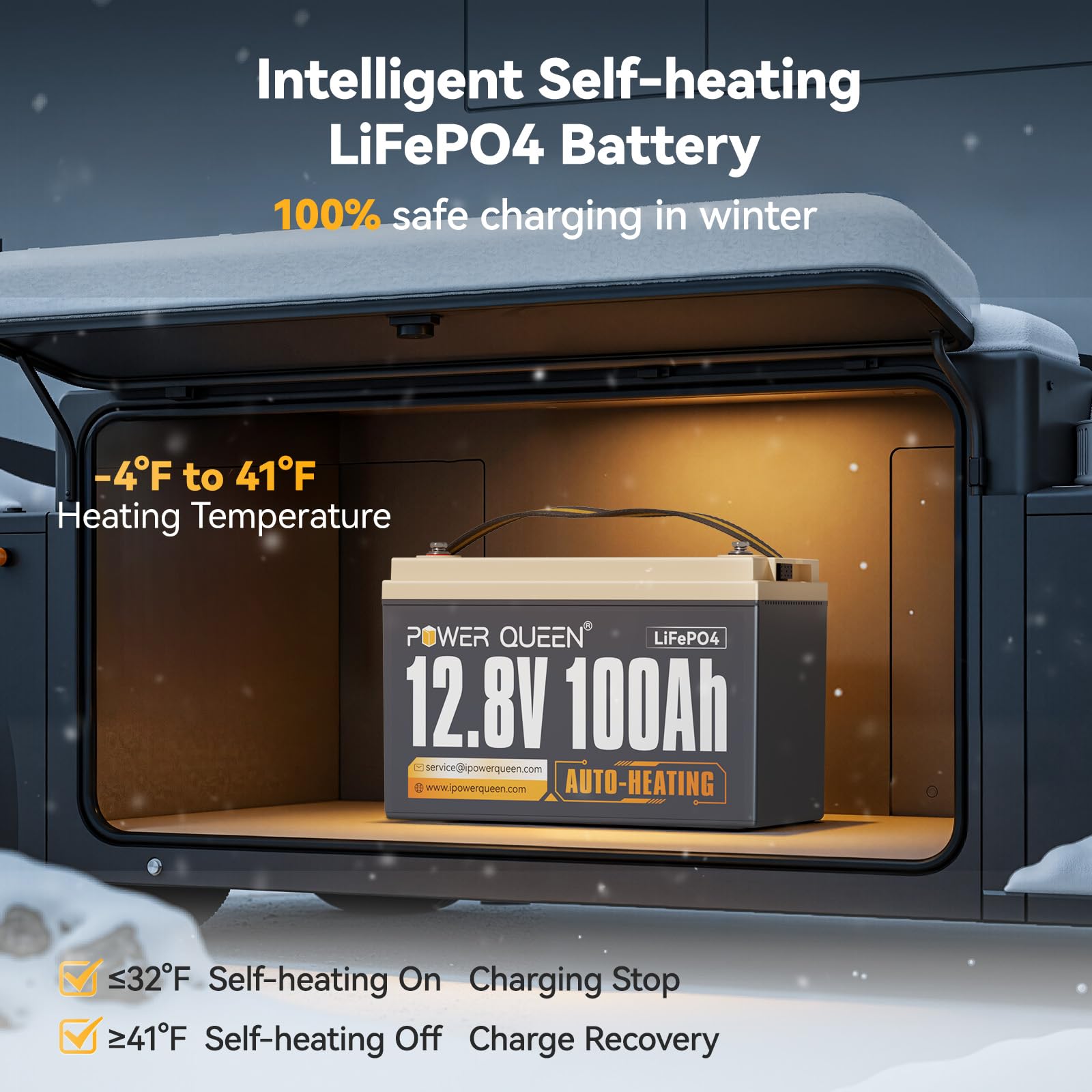 Power Queen Upgraded 12.8V 100Ah Auto-Heating Lithium Battery, Built-In 100A Bms, Low Temp Protection, Charging -4F/-20C, Lifepo