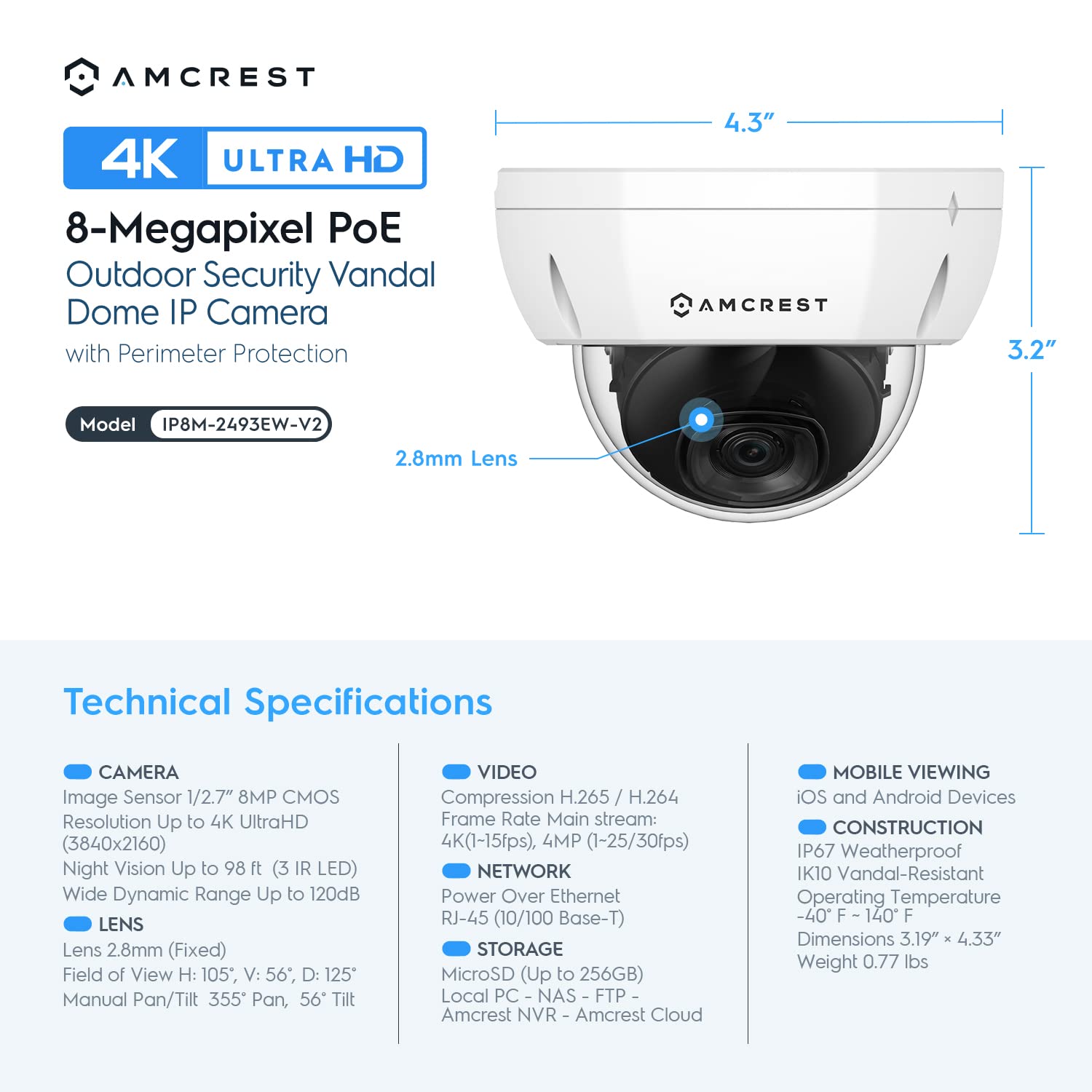 Amcrest Ultrahd 4K (8Mp) Outdoor Security Poe Ip Camera, 3840X2160, 98Ft Nightvision, 2.8Mm Lens, Ip67 Weatherproof, Ik10 Vandal