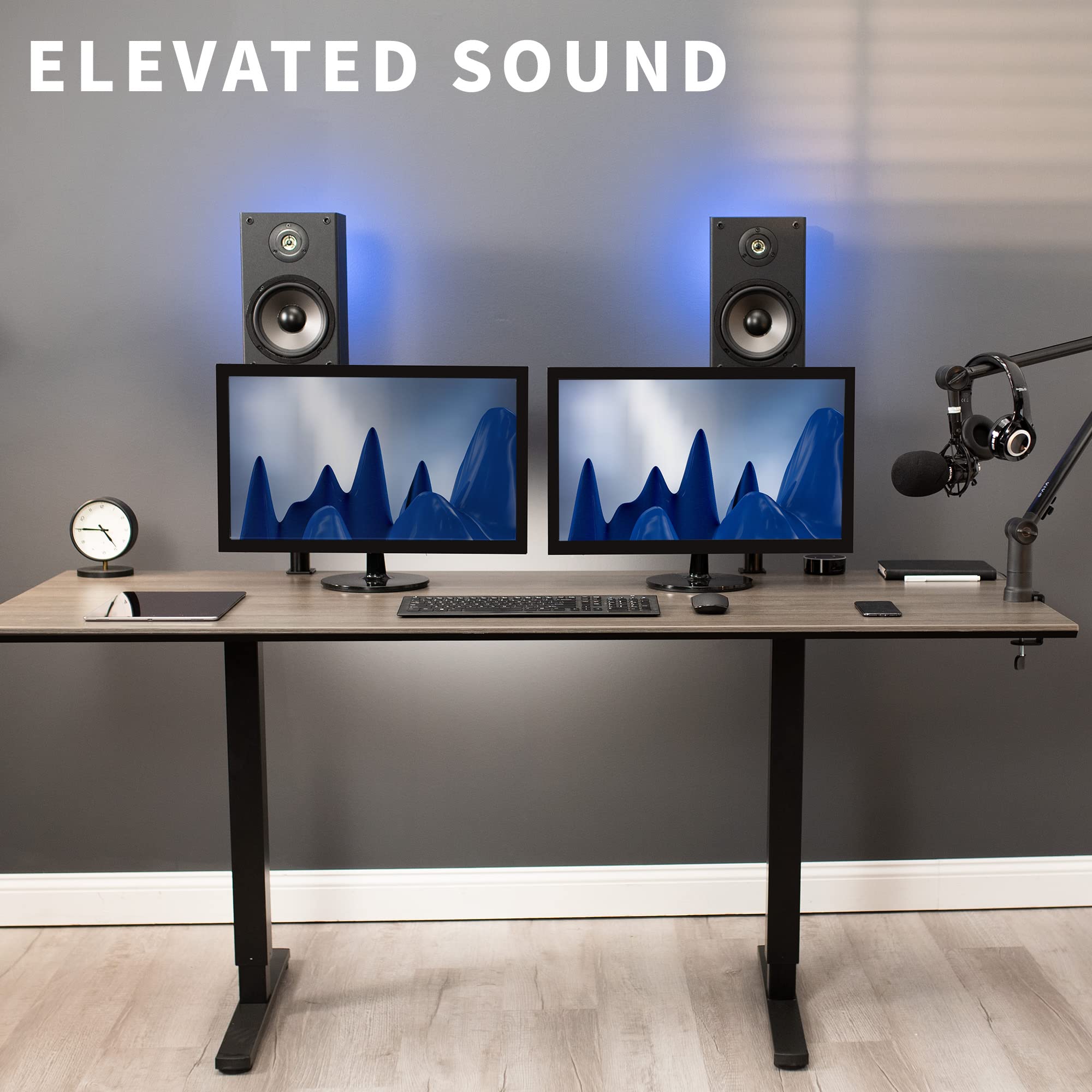 VIVO Clamp on Speaker Stand Desk Mount Set, 10 x 9 inch Trays, Height Adjustment and Tilt, Universal Audio Holders for Computer and Bookshelf Speakers, Elevated Sound, 2 Pack, Black, MOUNT SP01CB