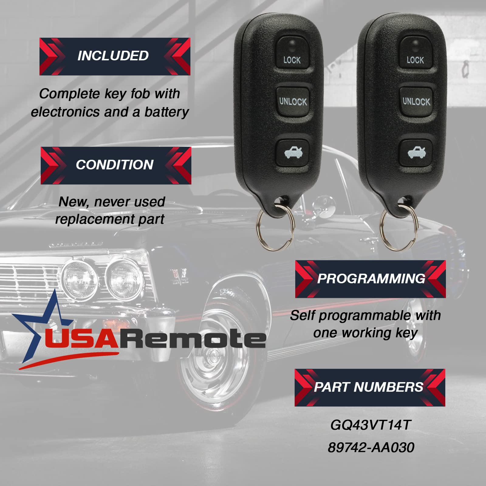 Key Fob Keyless Entry Remote Fits Toyota Camry Sienna Matrix Corolla Solara/Pontiac Vibe (Gq43Vt14T W/Panic), Set Of 2