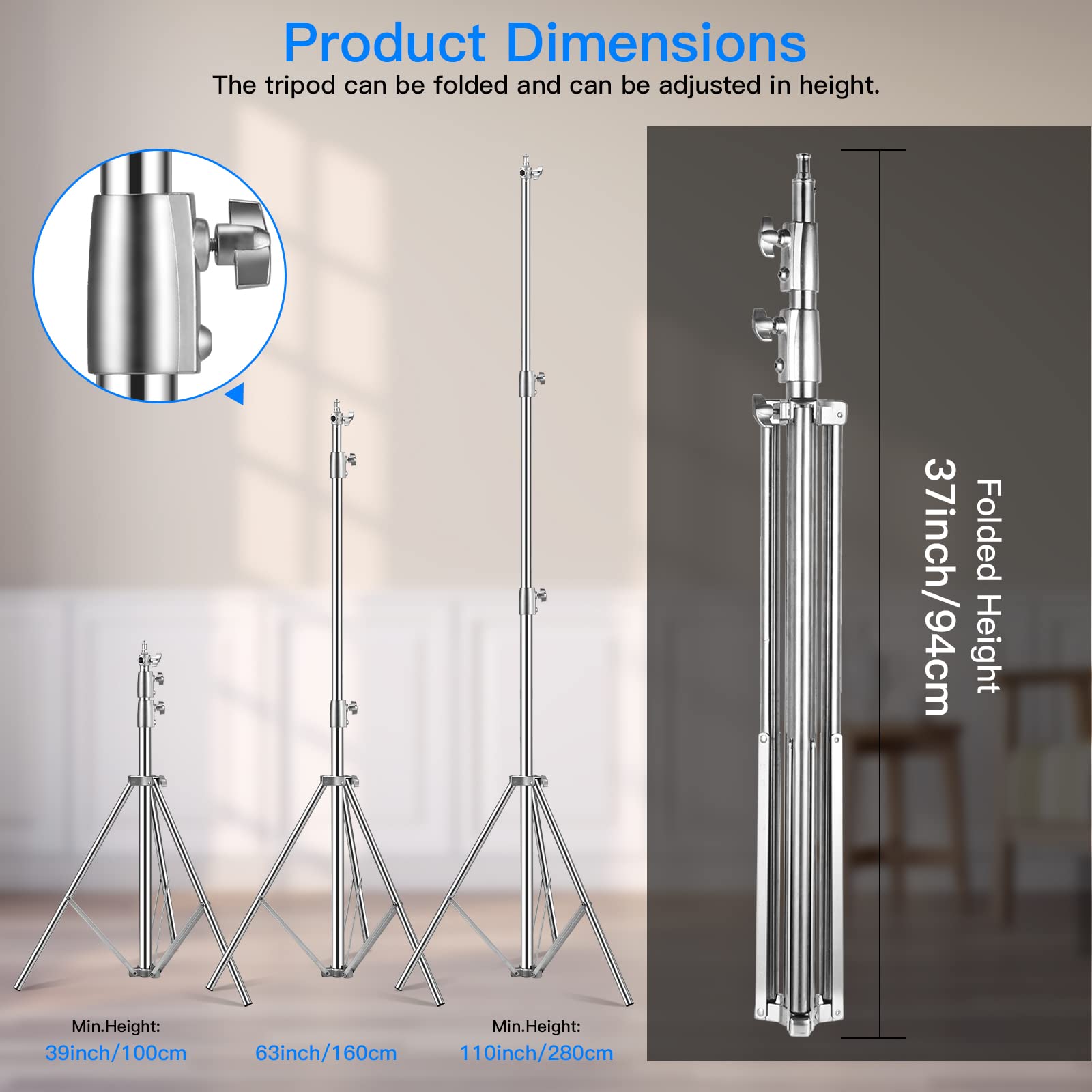 Supon Stainless Steel Light Stand 110'' /2.8M, Spring Cushioned Heavy Duty Tripod Stand With 1/4 Inch To 3/8 Inch Universal Adap