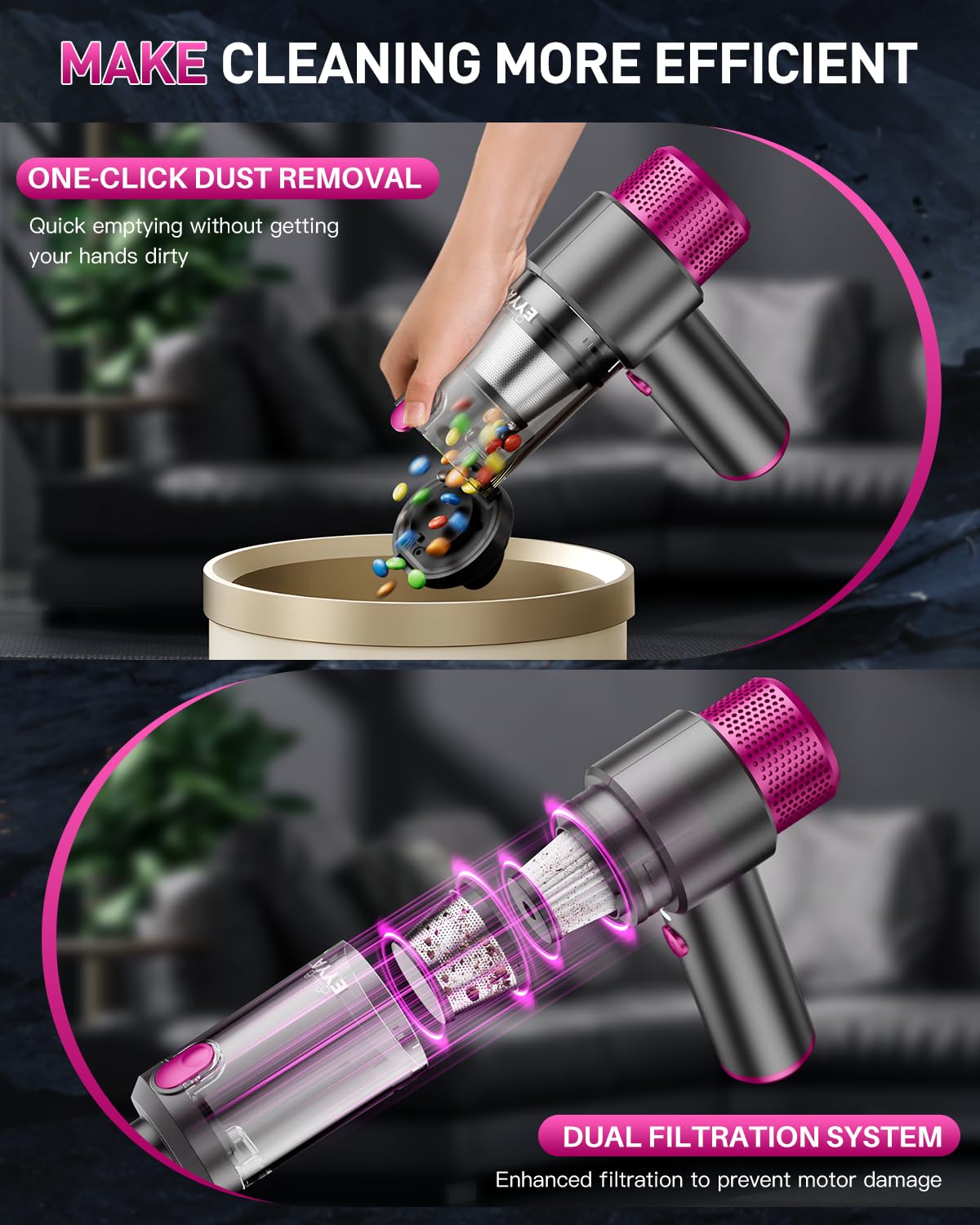 Eyya Handheld Car Vacuum Cleaner Cordless, 15000Pa High Power Car Vacuum Cleaner & Air Duster, 4 In 1 Portable Mini Car Vacuum C