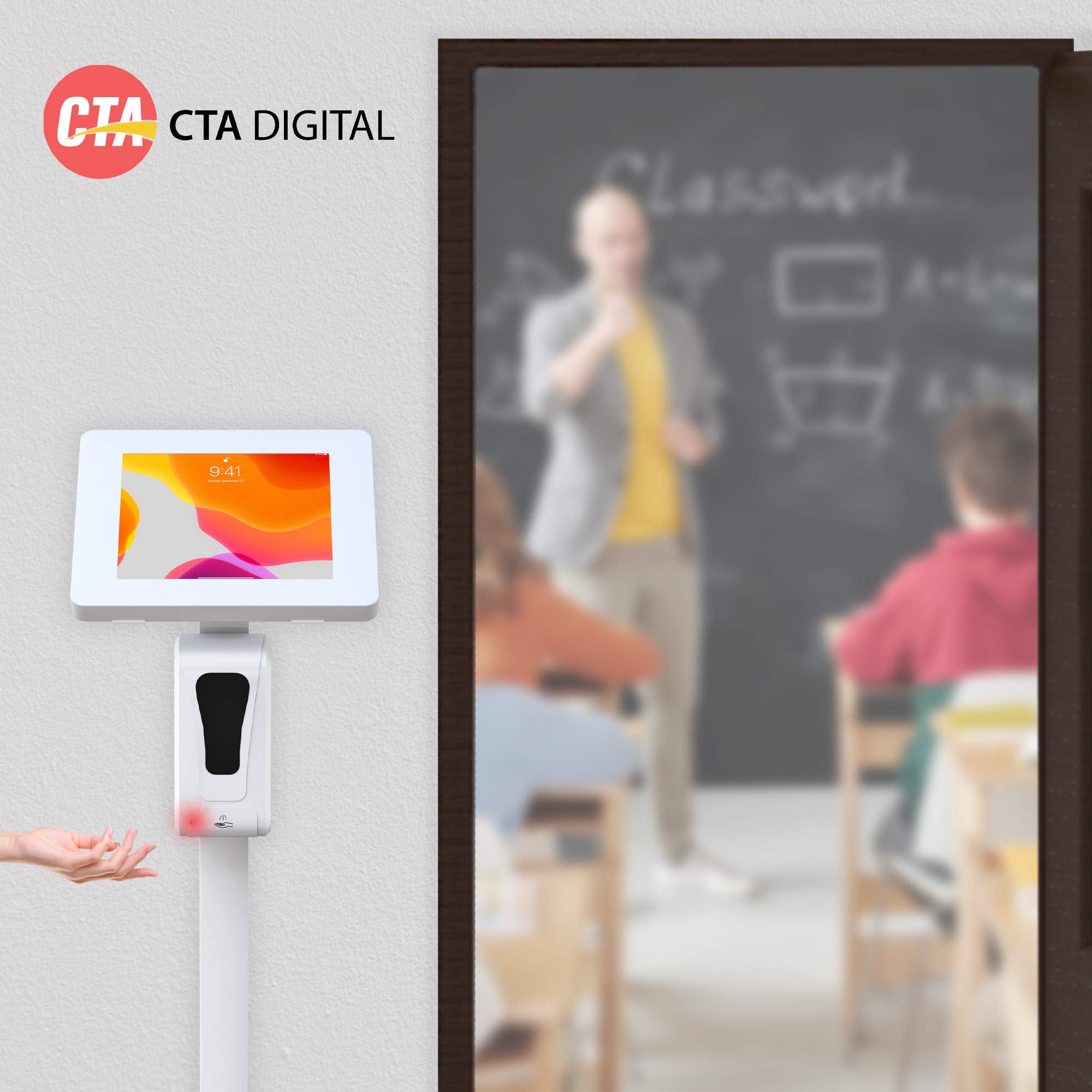 Cta Digital: Premium Thin Profile Floor Stand With Security Enclosure And Automatic Soap Dispenser For 9.7'' To 11'' Tablet, Whi