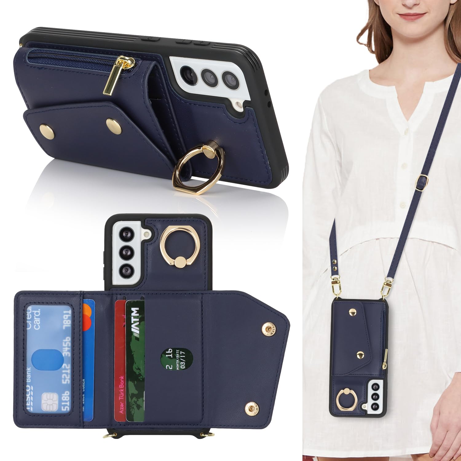 Lipvina for Samsung Galaxy S21 Case with Card Holder and Strap - Zipper Pocket,Crossbody Lanyard Strap,Credit Card Holder,Stand 
