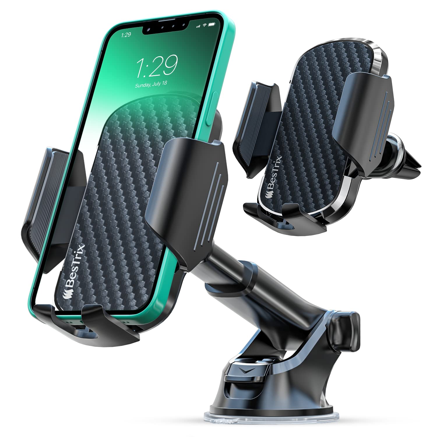Bestrix Phone Mount for Car  Holder Mount, Dashboard, Windshield, and Air Vent All Cars, Installs in Minutes Holds Phones up t