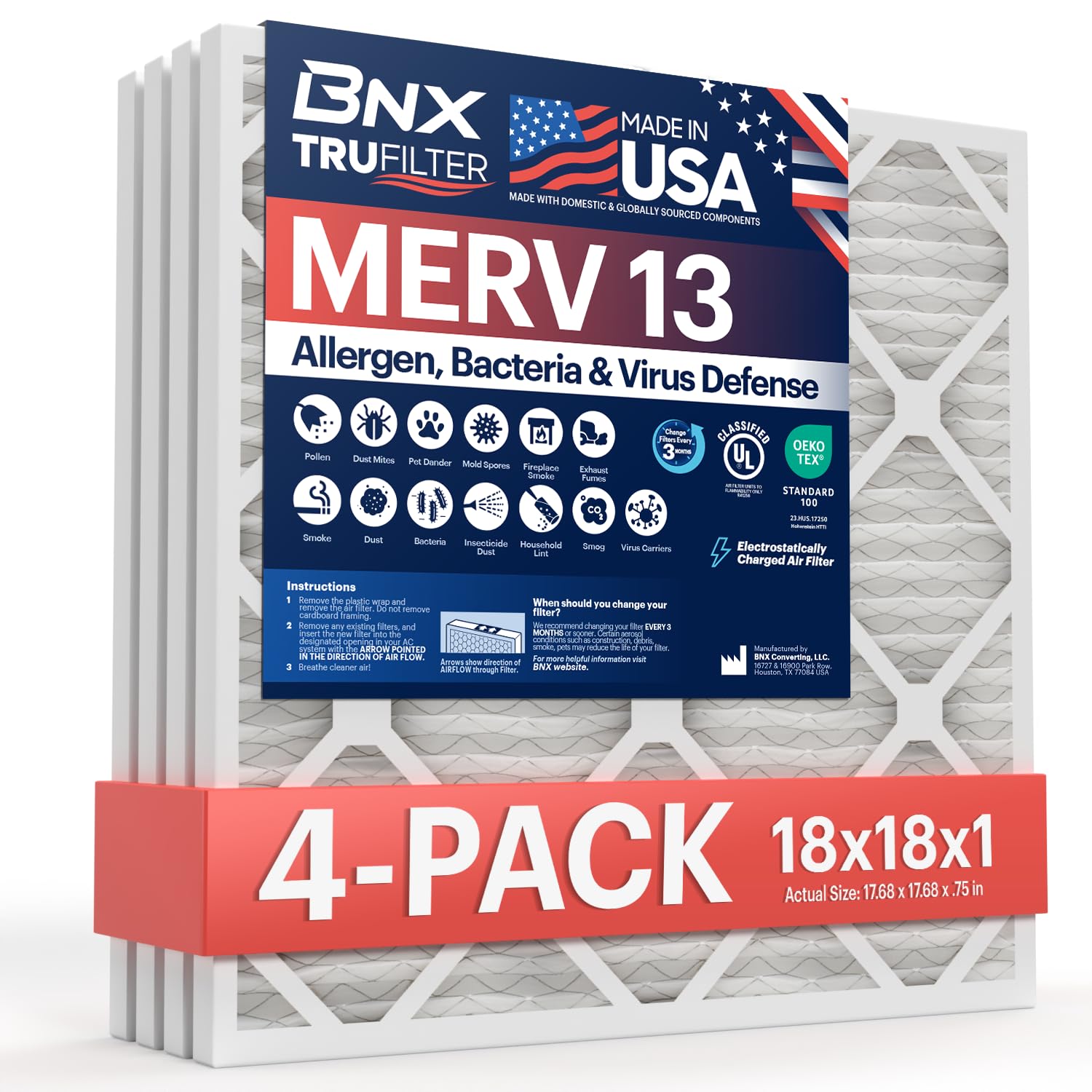 BNX TruFilter 18x18x1 Air Filter MERV 13 (4-Pack) - MADE IN USA - Electrostatic Pleated Air Conditioner HVAC AC Furnace Filters 