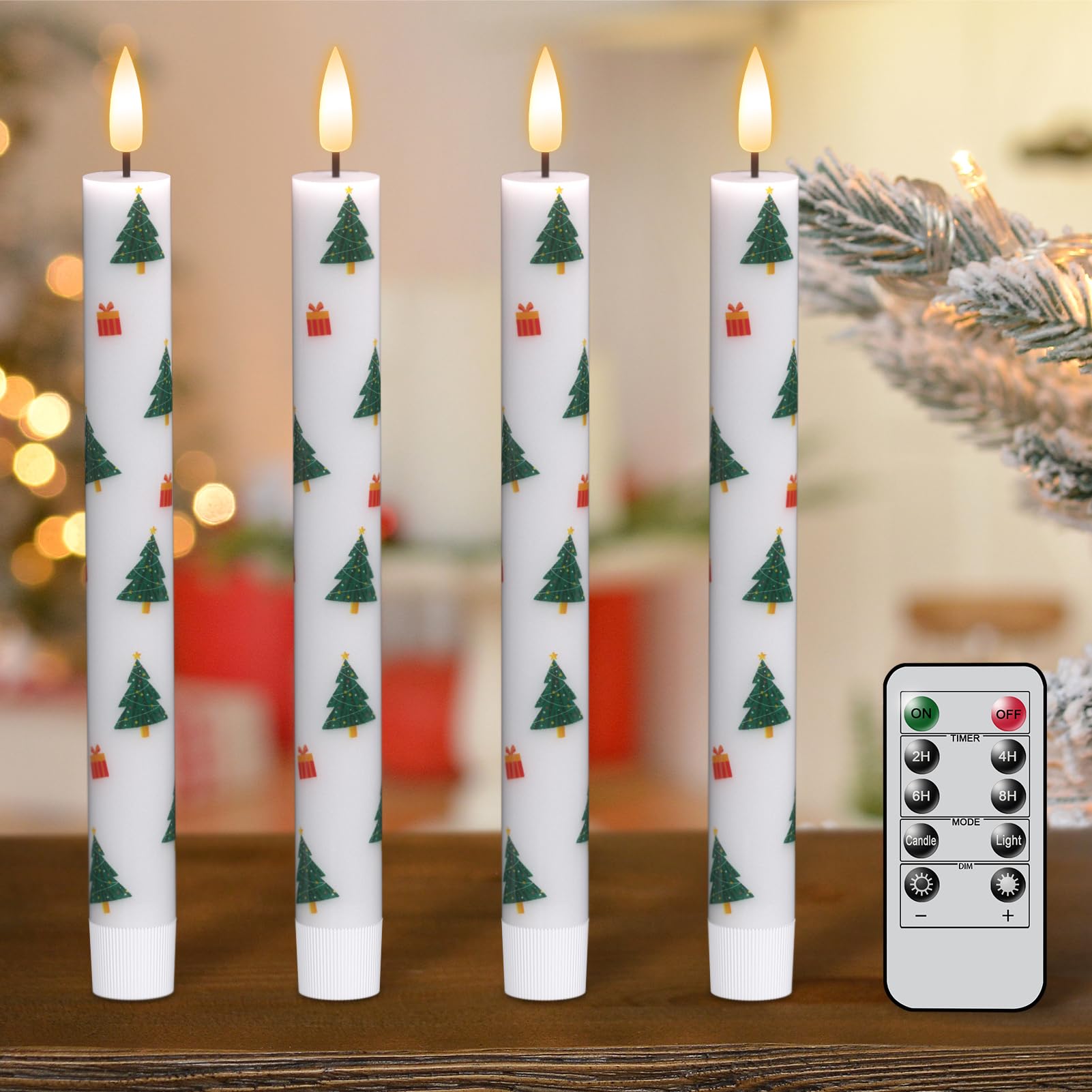Eldnacele Christmas Taper Flameless Candles With Remote And Timer, Battery Operated 3D Wick Flickering Christmas Tree Decal Cand