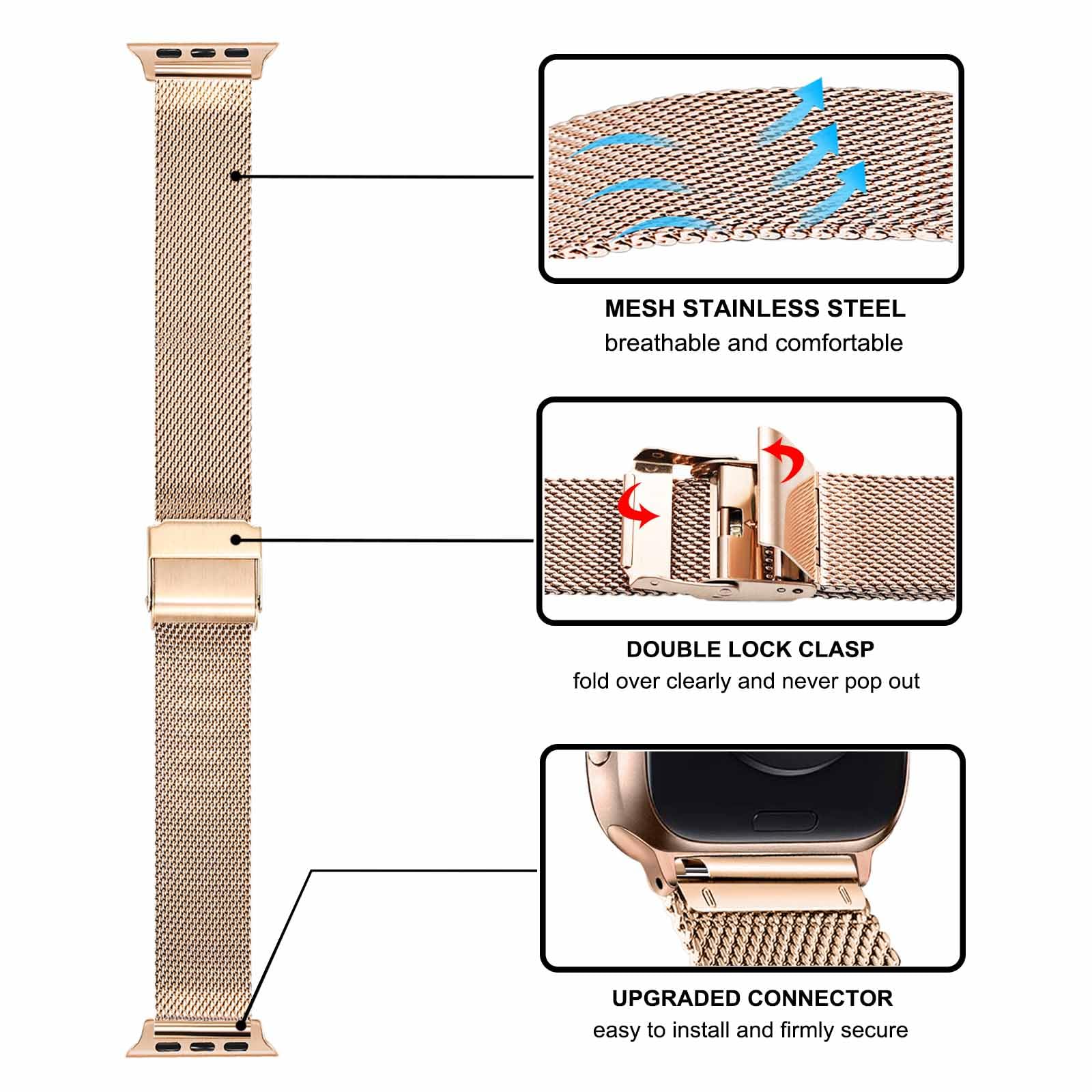 Trumirr Rose Gold Band For Apple Watch Series 8 7 38Mm 40Mm 41Mm Women, Mesh Stainless Steel Watchband Feminine Strap Replacemen