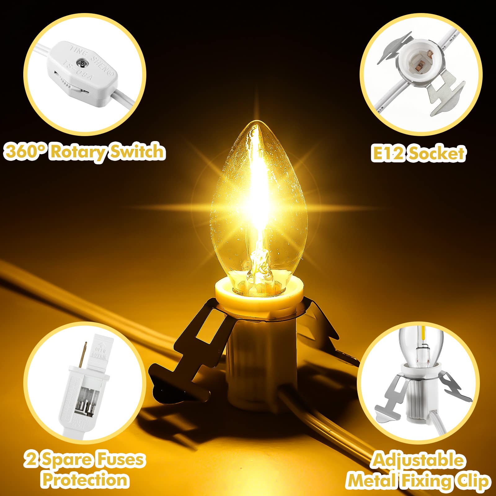 Leelosp Christmas Accessory Cord With 5 Led Light Bulbs, 11.5 Feet White C7 Lamp, On/Off Switch Plug, Spare Fuses, Female/Male P