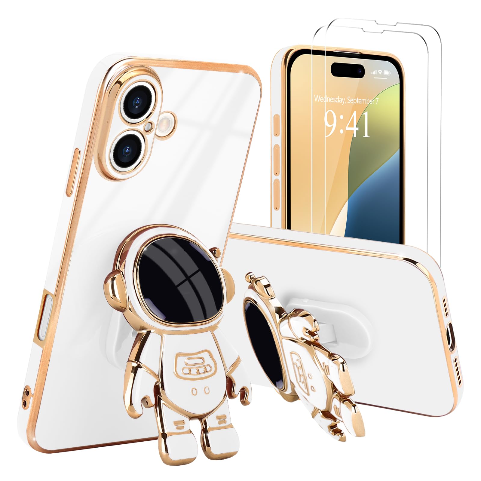 Pepmune For Iphone 16 Case, Cute 3D Astronaut Stand With [2 Screen Protector] [Camera Protection] Kickstand Shockproof Bling Sil