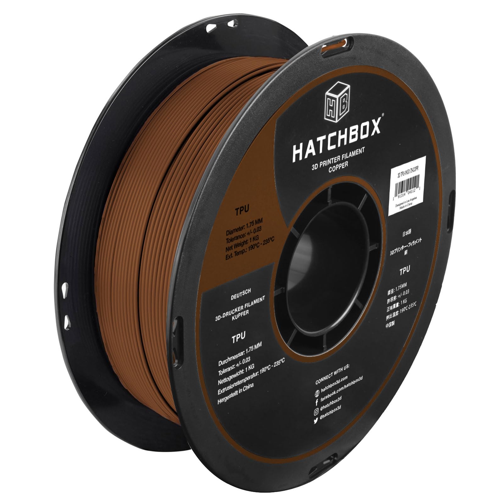 HATCHBOX 1.75mm Copper TPU 3D Printer Filament Shore 95A, 1 KG Spool, Dimensional Accuracy +/- 0.03 mm, 3D Printing Filament