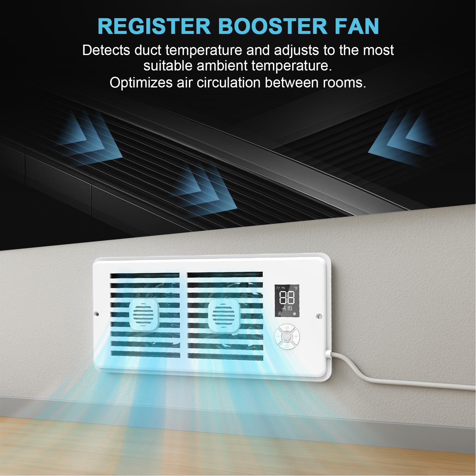 Register Booster Fan For 4 '' X 10 '' Vents Only, 10 Speeds To Control Cool And Warm Airflow, Air Conditioning Vents With Led Sc