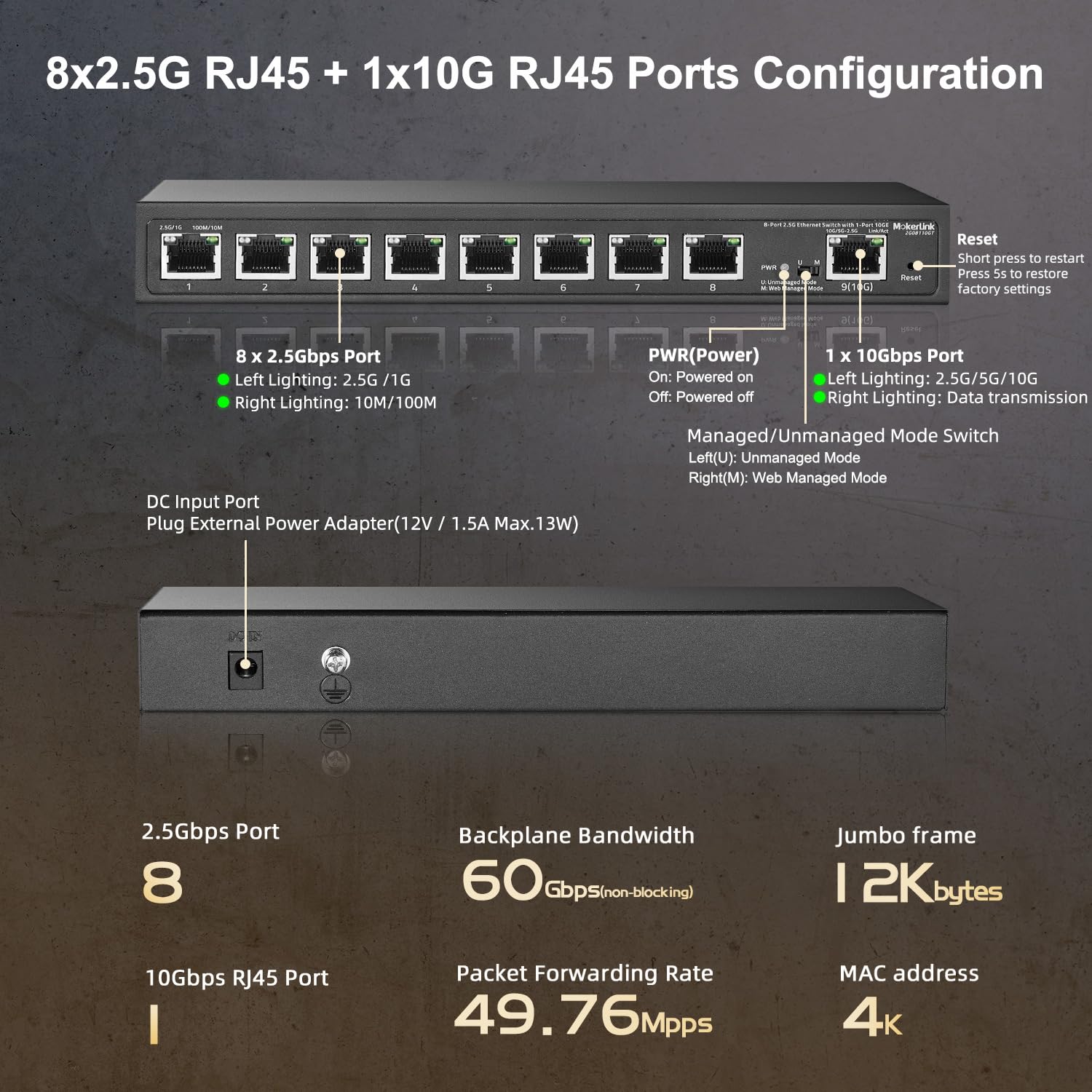 Mokerlink 8 Port 2.5G Ethernet Managed Switch With 1 Port 10G Ethernet Uplink, 8 X 2.5G Base T Ports Compatible With 10/100/1000