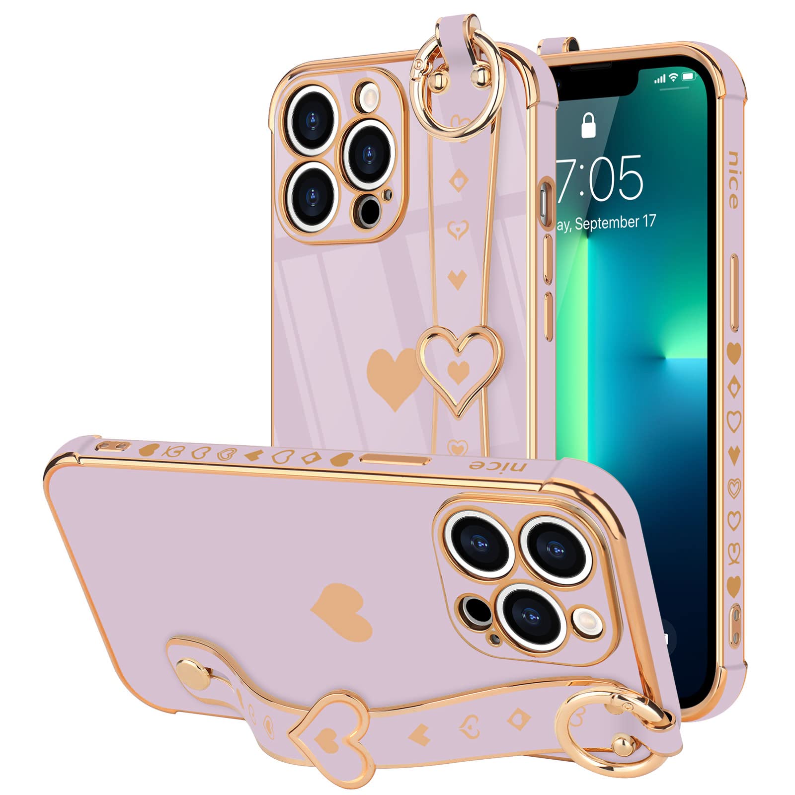 Llz.Coque For Iphone 13 Pro Case Cute Love Heart Plating Wristband Phone Cover For Women Girls Bling Soft Silicone Camera Lens P