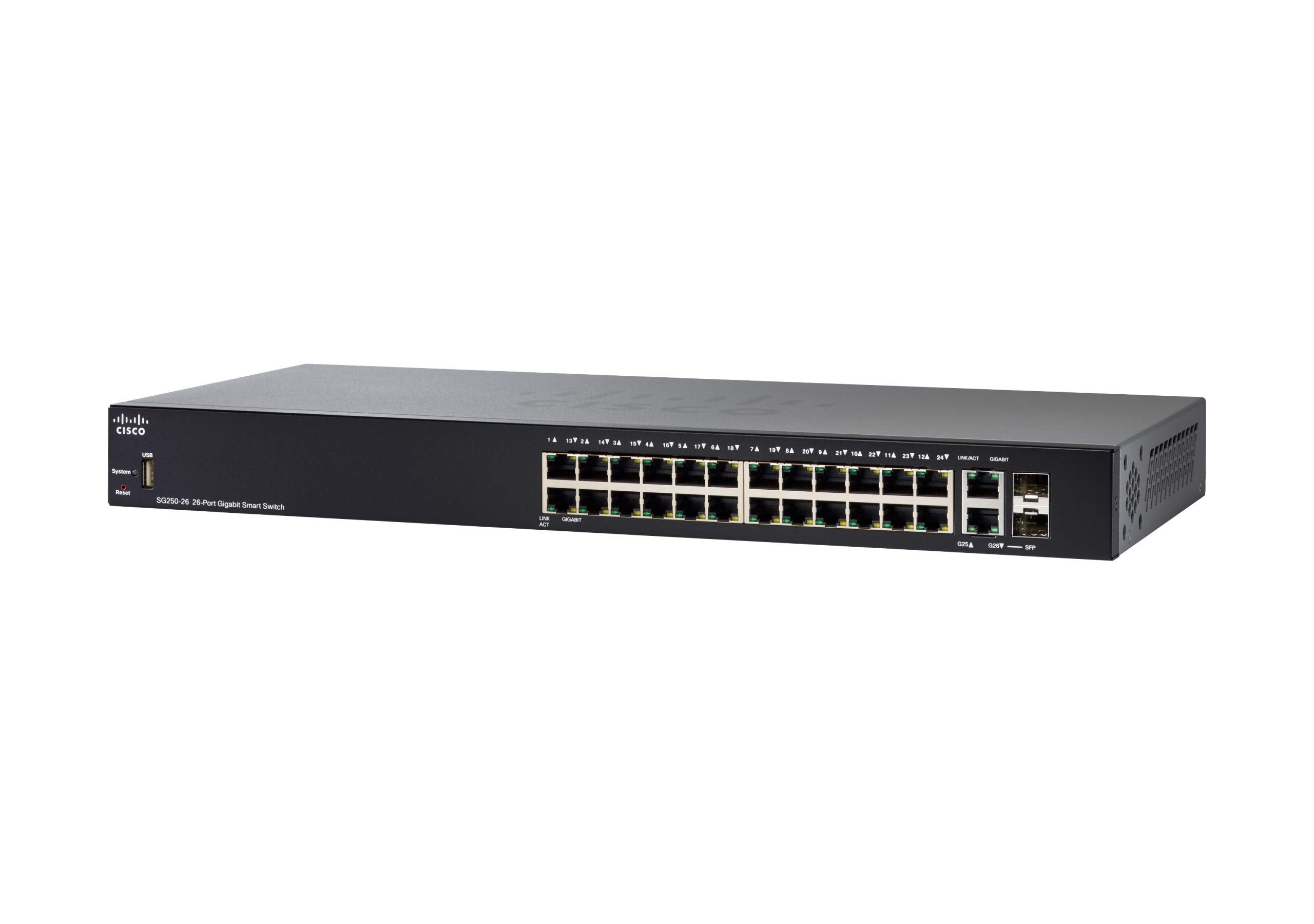 Cisco SG250-26 Smart Switch | 26 Gigabit Ethernet (GbE) Ports | 24 Gigabit Ethernet RJ45 Ports | 2 SFP Gigabit Ethernet Combo Po