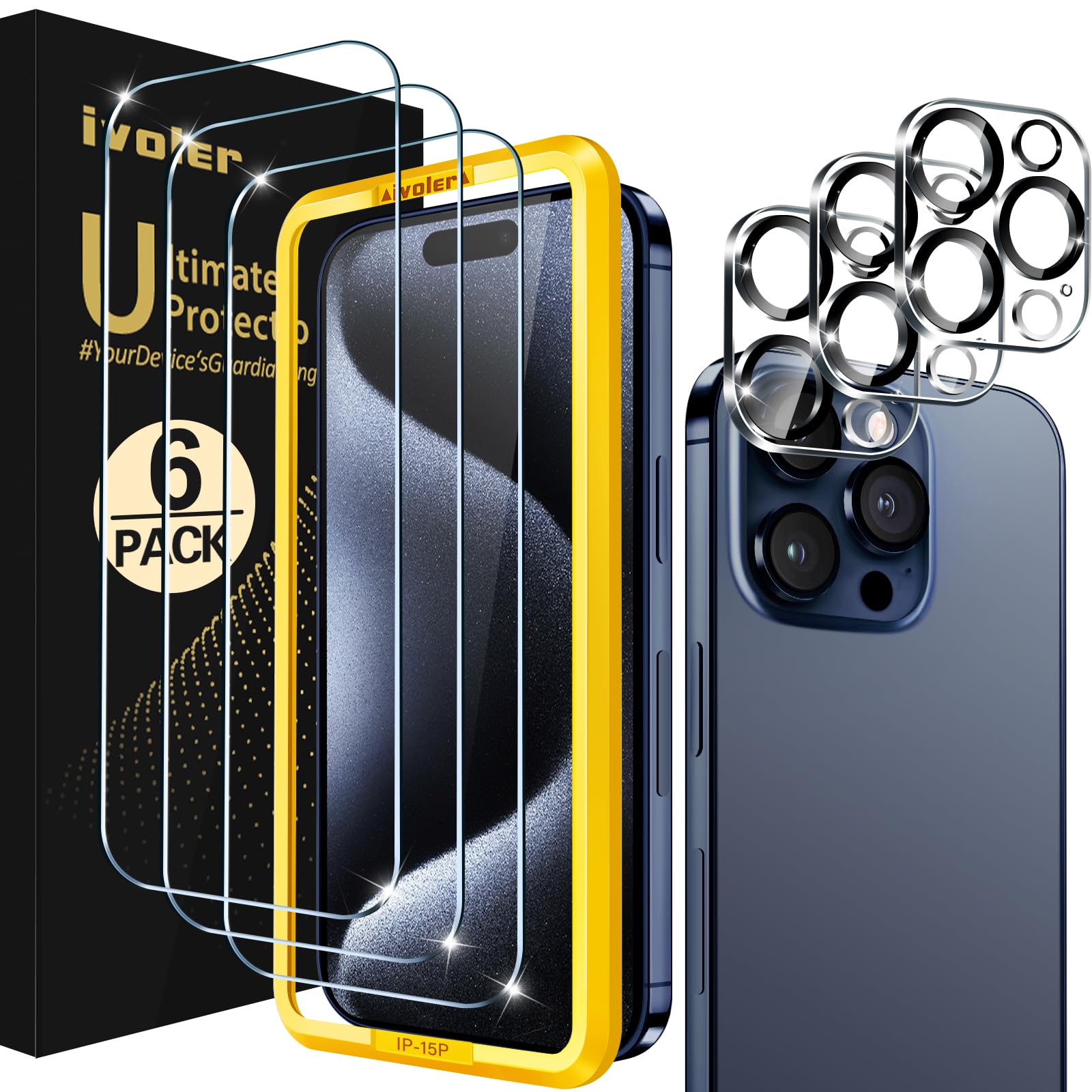 Ivoler 3+3 Pack Tempered Glass For Iphone 15 Pro Screen Protector 6.1'' [3 Pack] With [3 Pack] Camera Lens Protector With [Align