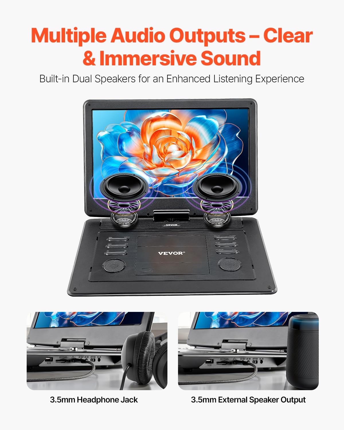 Vevor 17.5 Portable Dvd Player With 15.6 Inch Hd Swivel Display Screen, 4.5-5 H Built-In Rechargeable Battery, Dual Speakers, Su