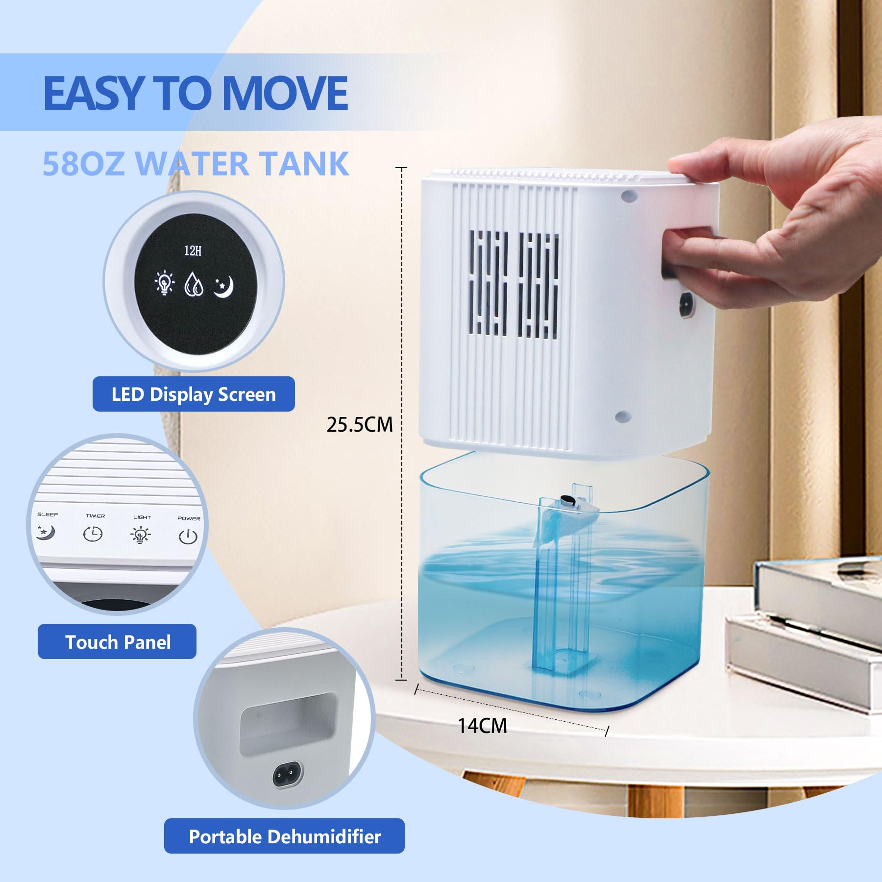 Hoomace Dehumidifier For Bathroom, 58 Oz Small Dehumidifiers For Bedroom With Auto Shut Off Timer 7 Colorful Light,Potable Dehum