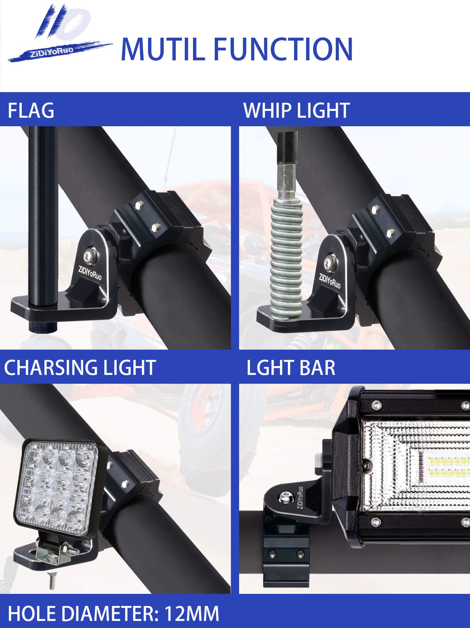 Zidiyoruo Utv Whip Light Mount - Easy To Install On 1.75 To 2 Roll Bar, Aluminum Alloy Mounting Bracket, 360 Adjustable Design F